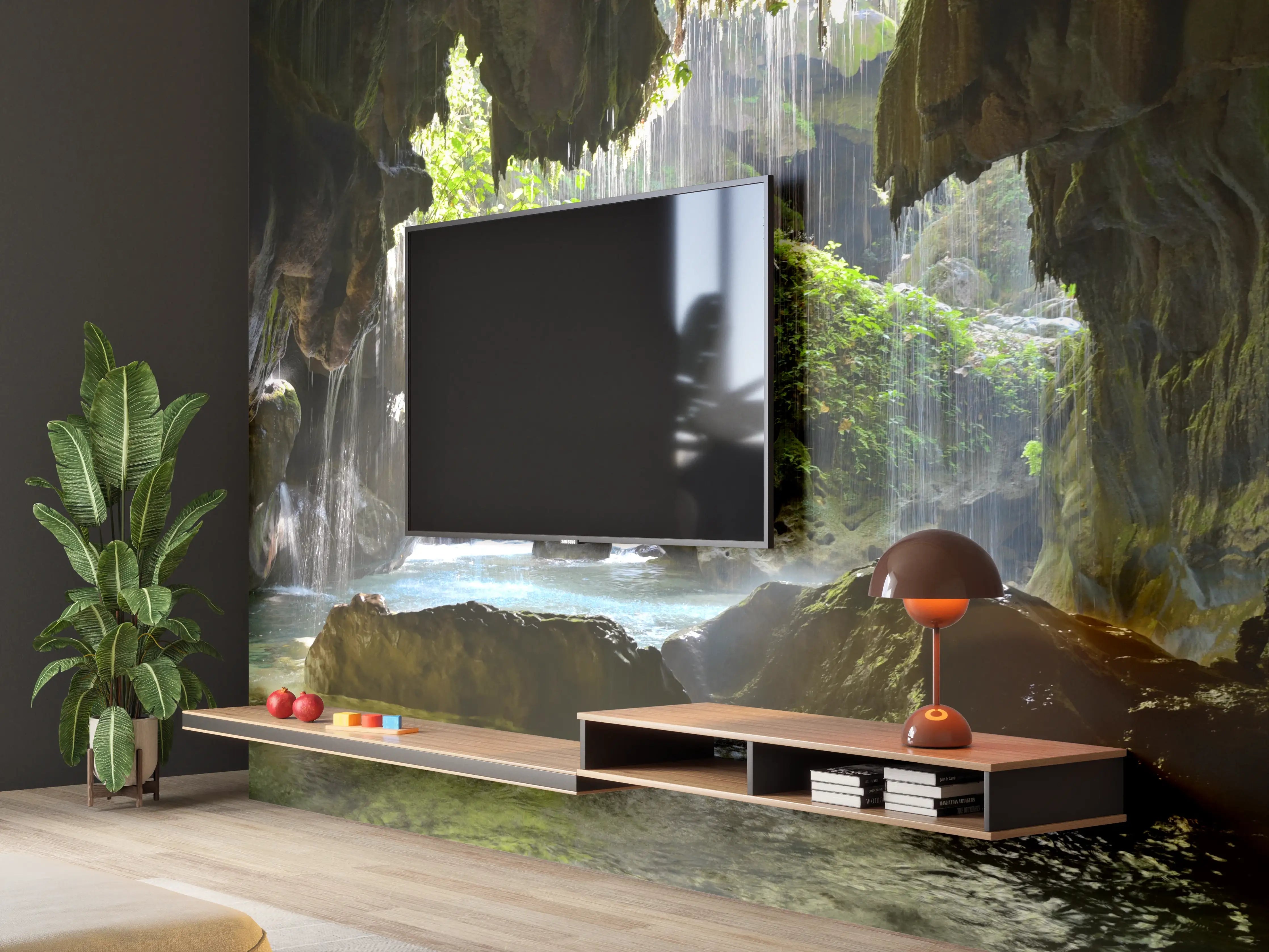Wandverkleidung Wohnzimmer - Versteckte Tropfsteinhöhle mit Wasserfall