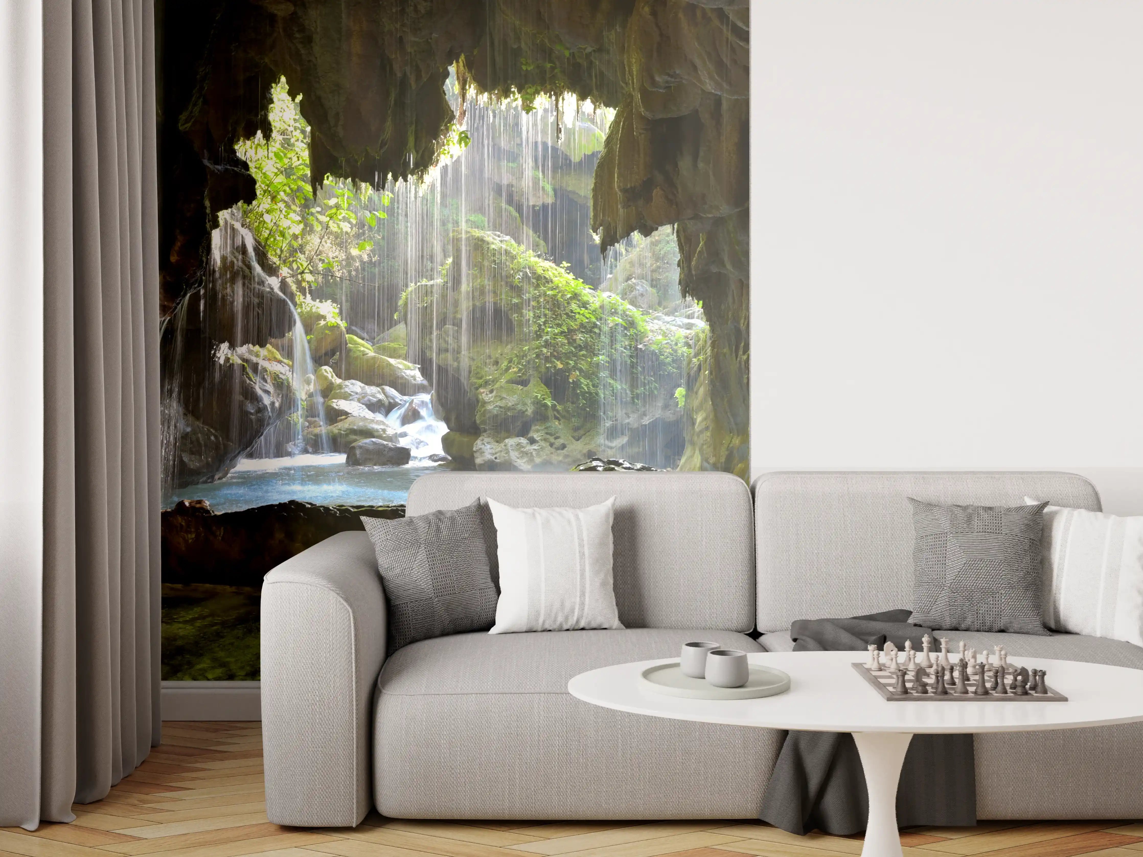 Wandverkleidung Wohnzimmer - Versteckte Tropfsteinhöhle mit Wasserfall
