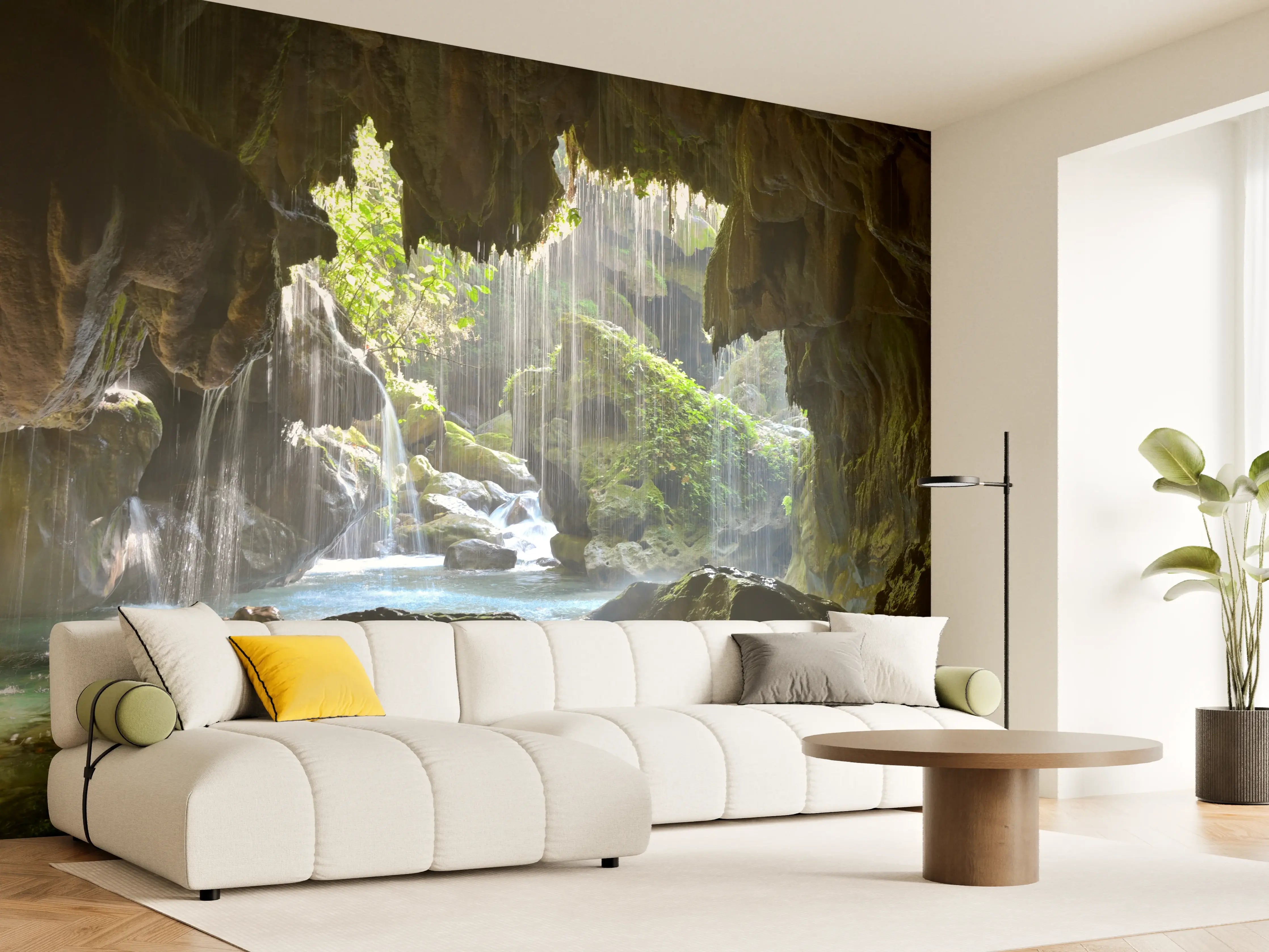 Wandverkleidung Wohnzimmer - Versteckte Tropfsteinhöhle mit Wasserfall