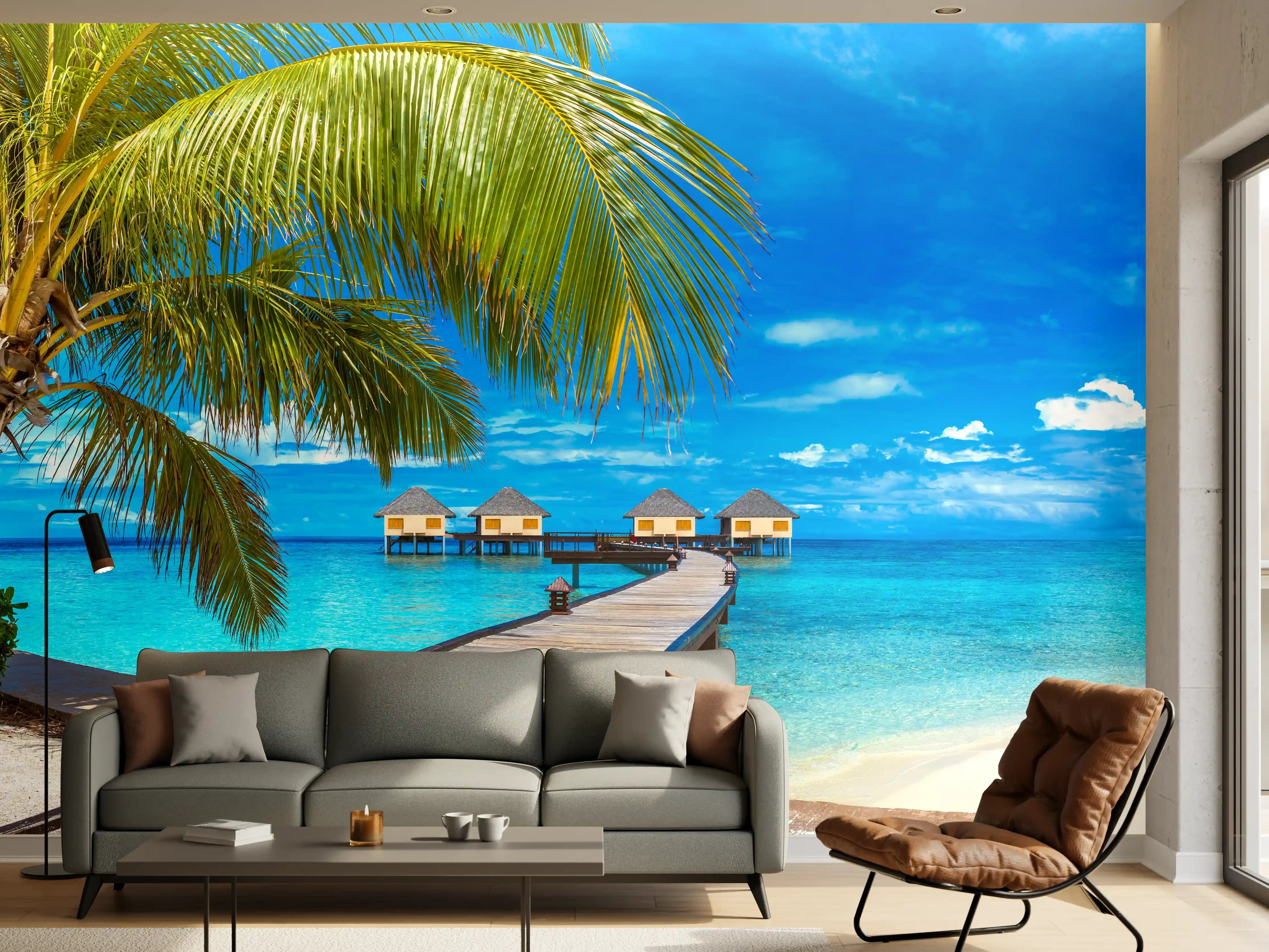 Wandverkleidung Wohnzimmer - Verträumter Graustufen-Strand mit Palmen