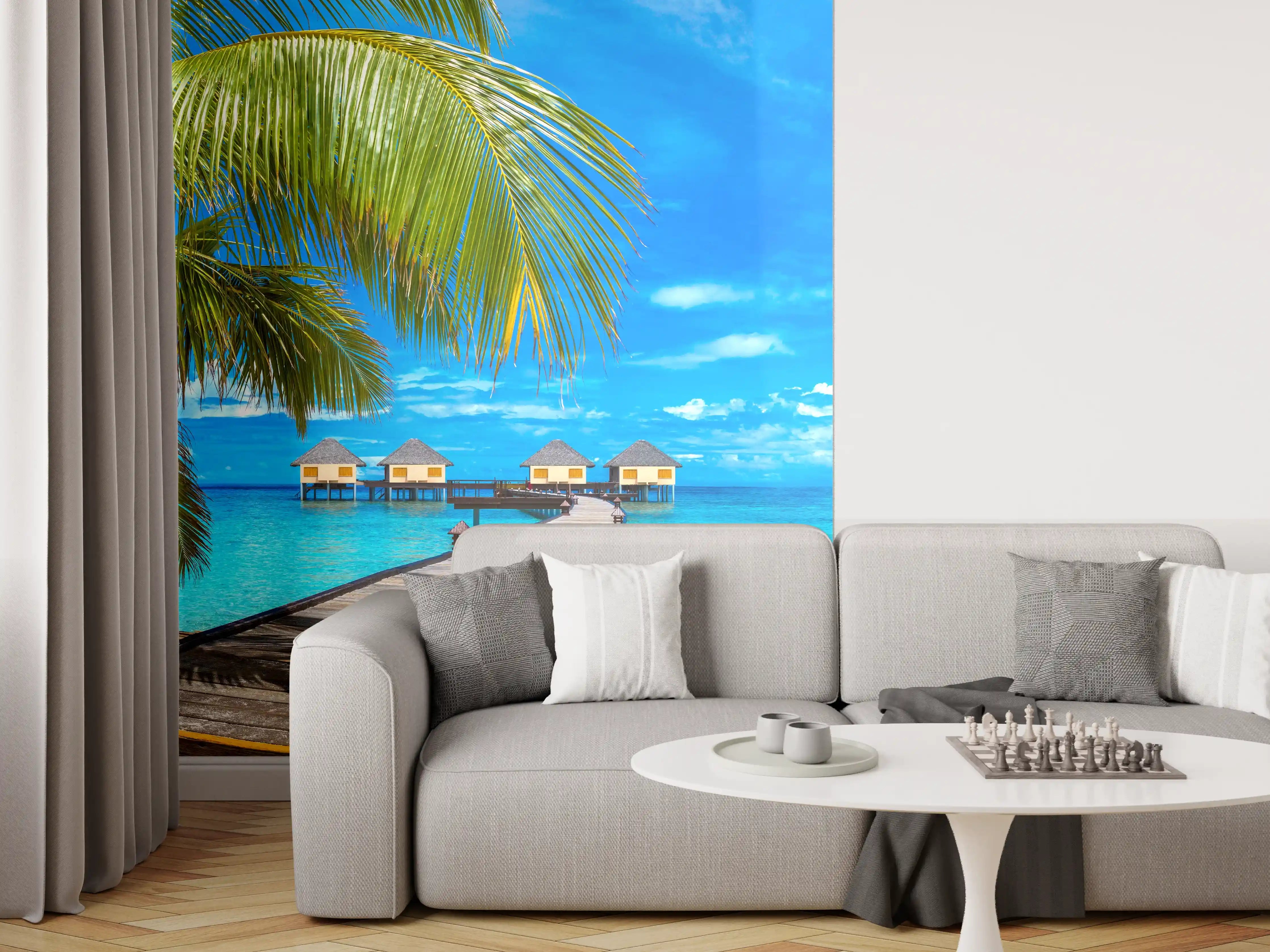 Wandverkleidung Wohnzimmer - Verträumter Graustufen-Strand mit Palmen