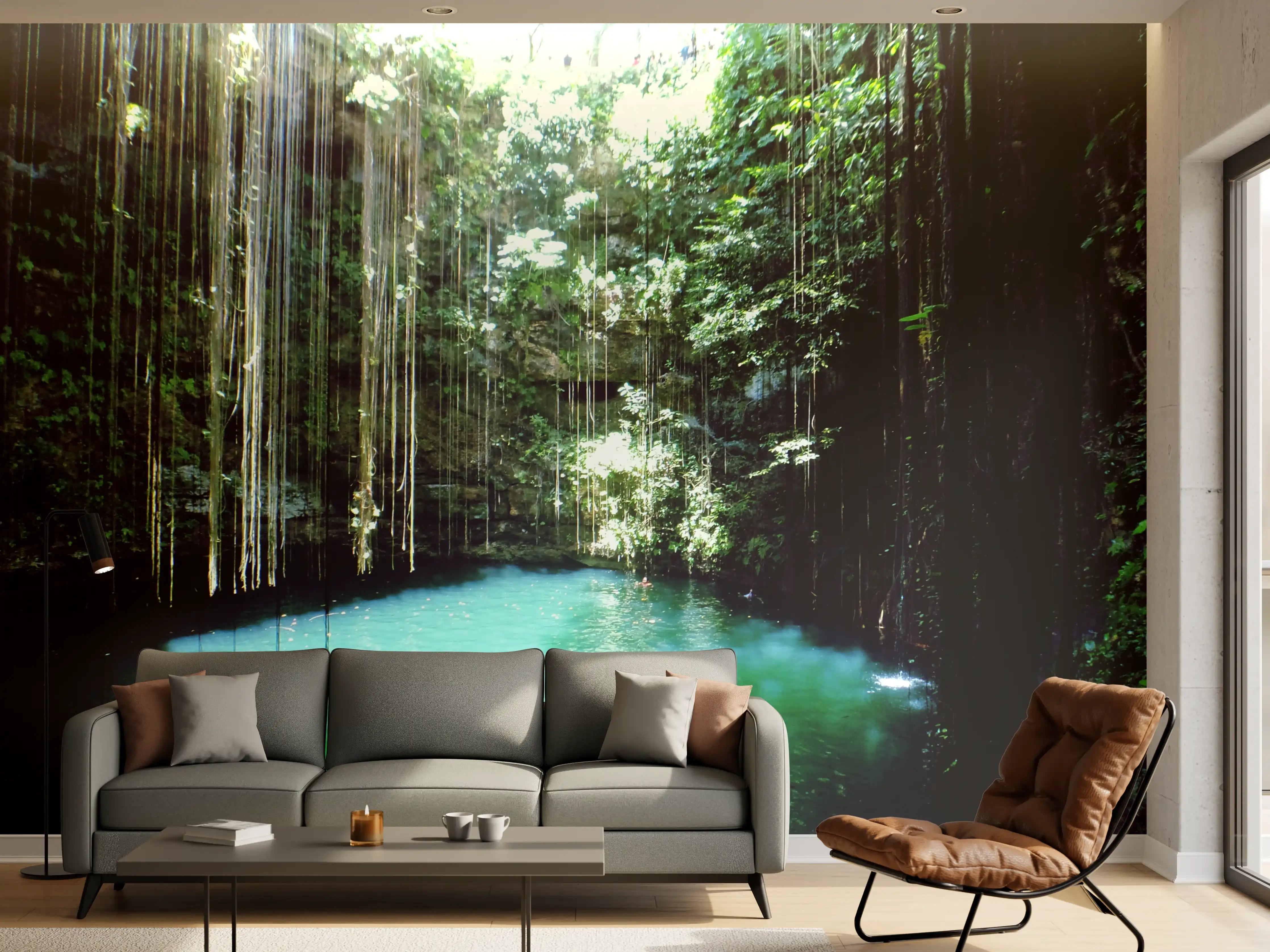 Wandverkleidung Wohnzimmer - Verträumter Wasserfall im grünen Dschungel - Natur pur