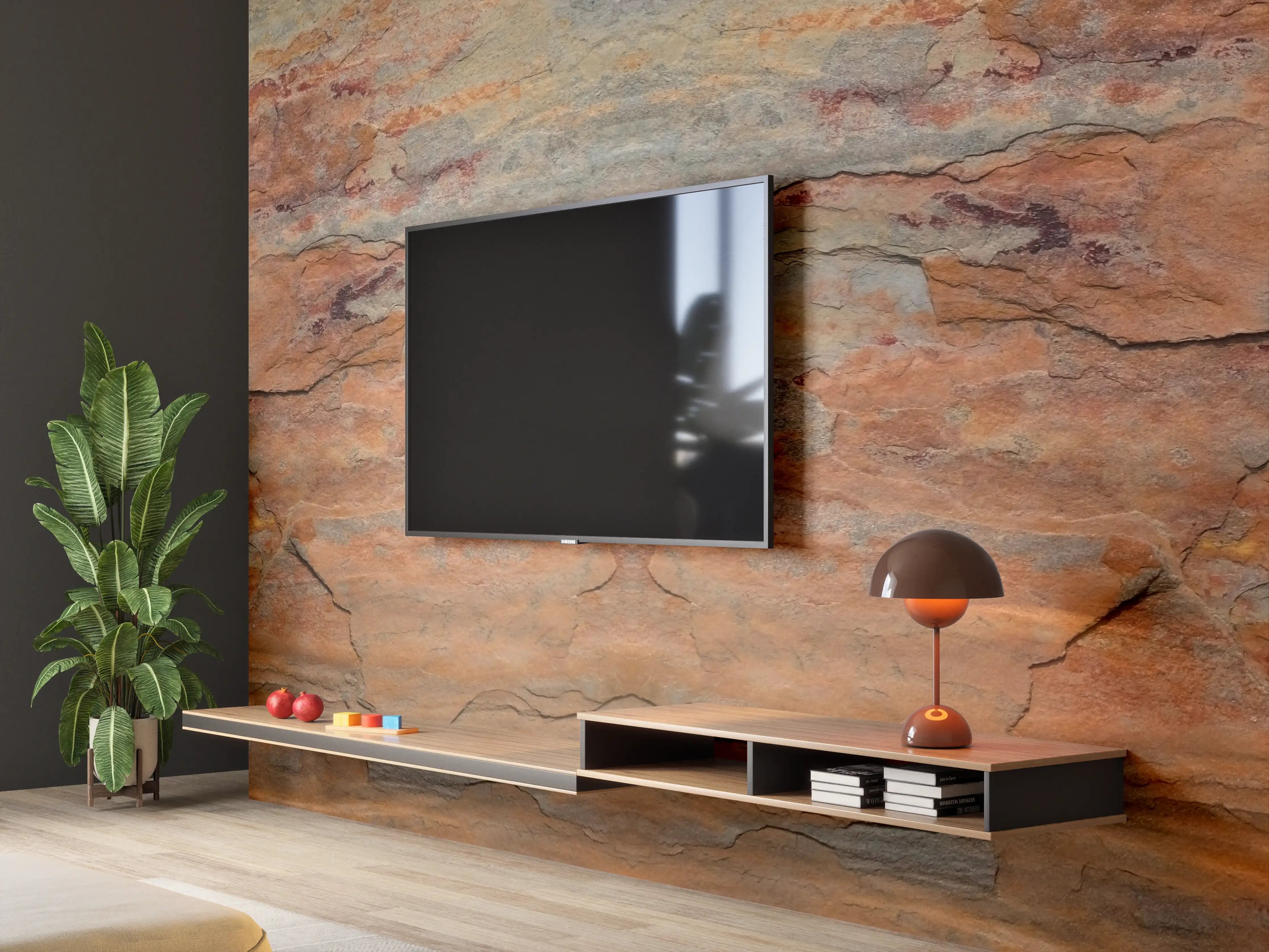 Wandverkleidung Wohnzimmer - Verwitterte Steinwand in Panorama-Ansicht