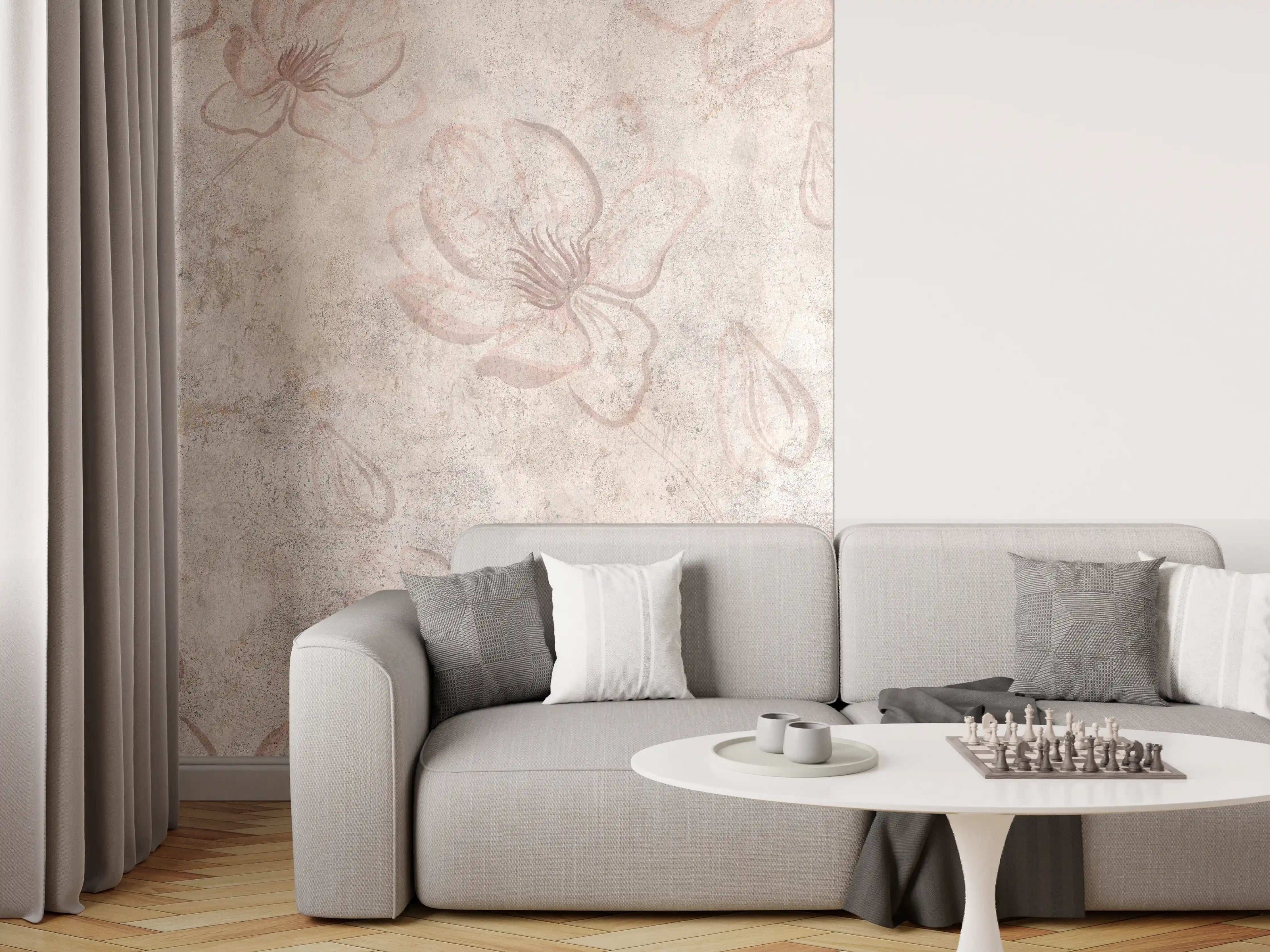 Wandverkleidung Wohnzimmer - Verwitterte blumenförmige Tapete