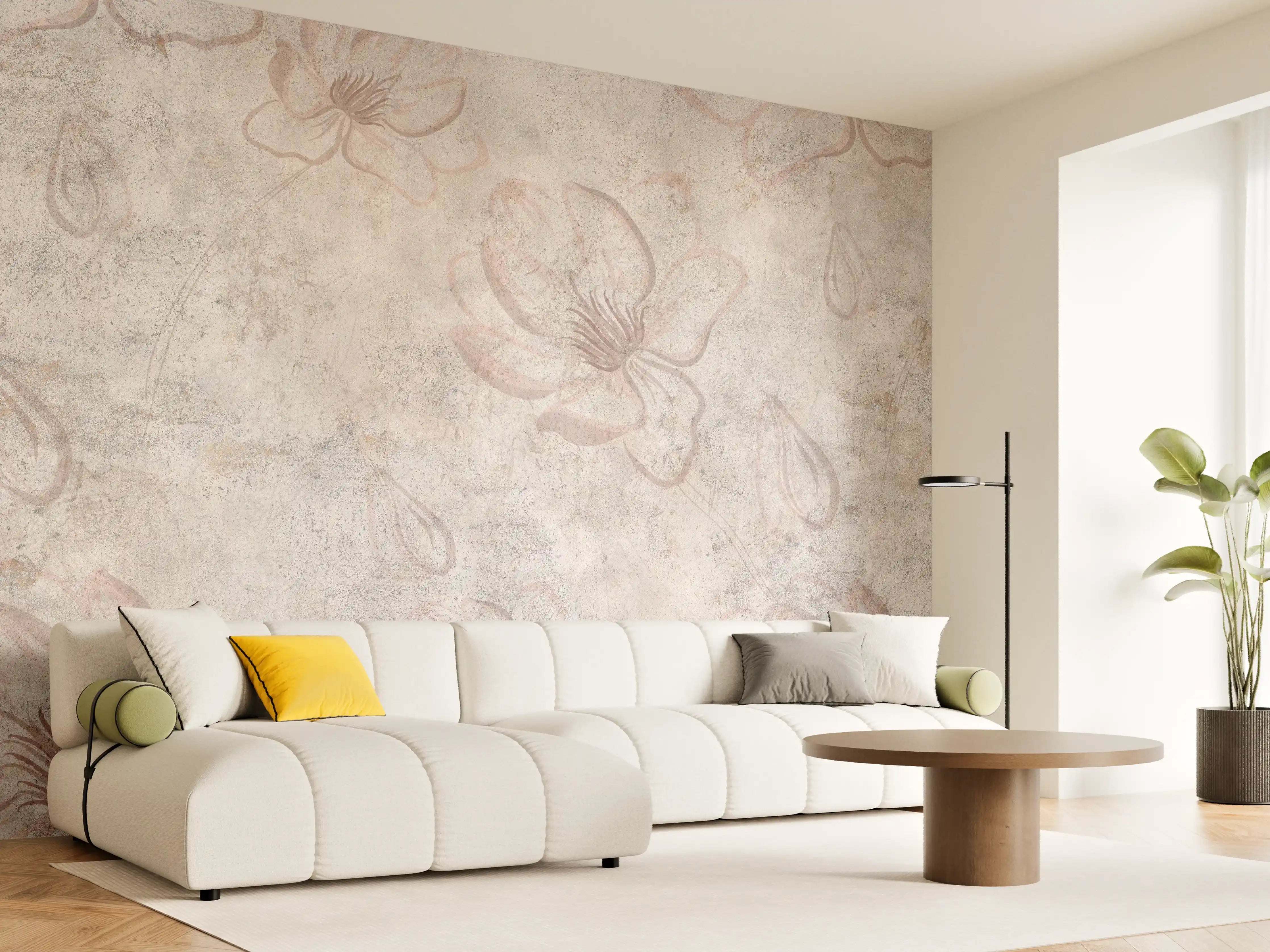 Wandverkleidung Wohnzimmer - Verwitterte blumenförmige Tapete