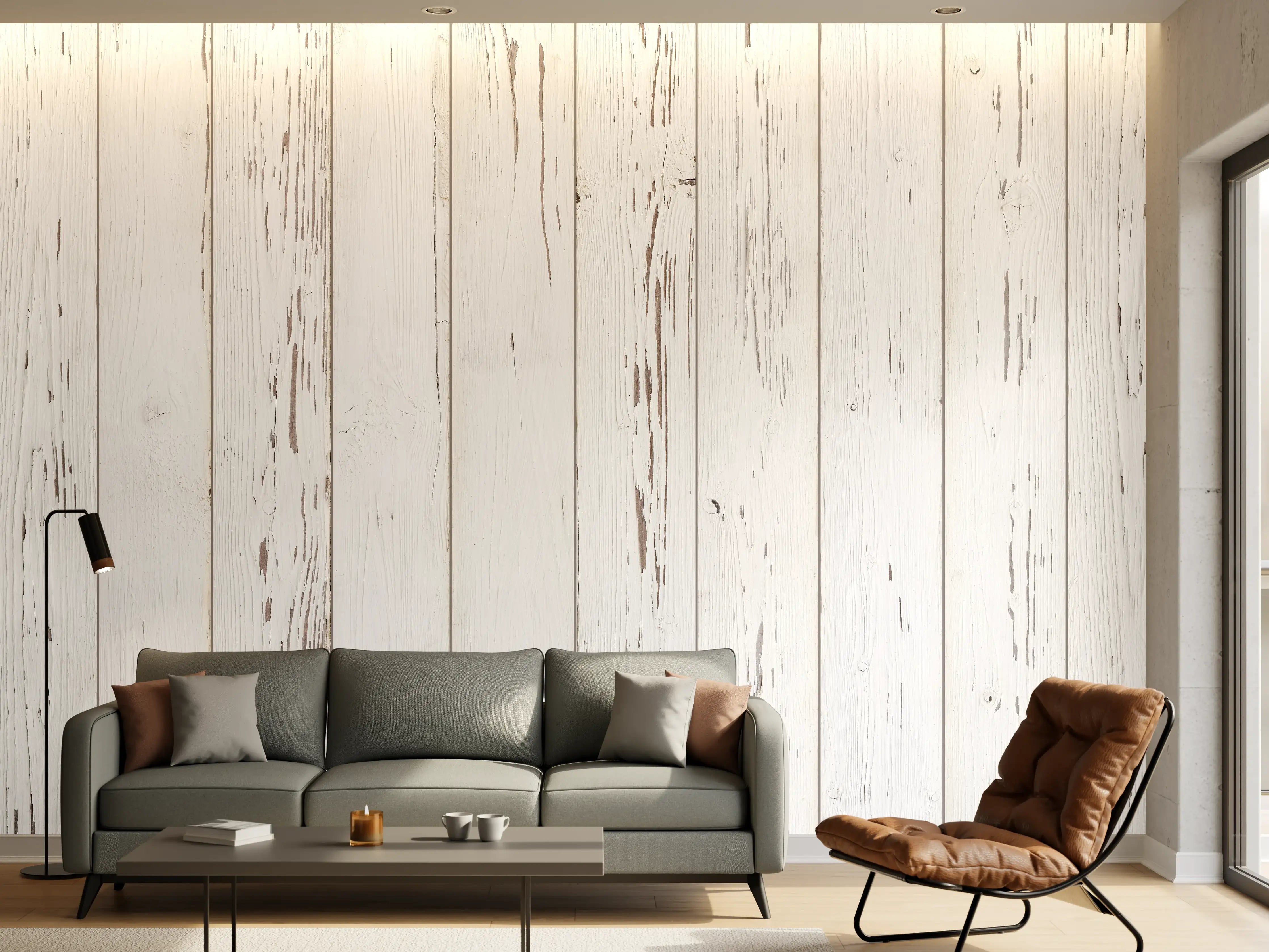 Wandverkleidung Wohnzimmer - Verwitterte weiße Holzdielen