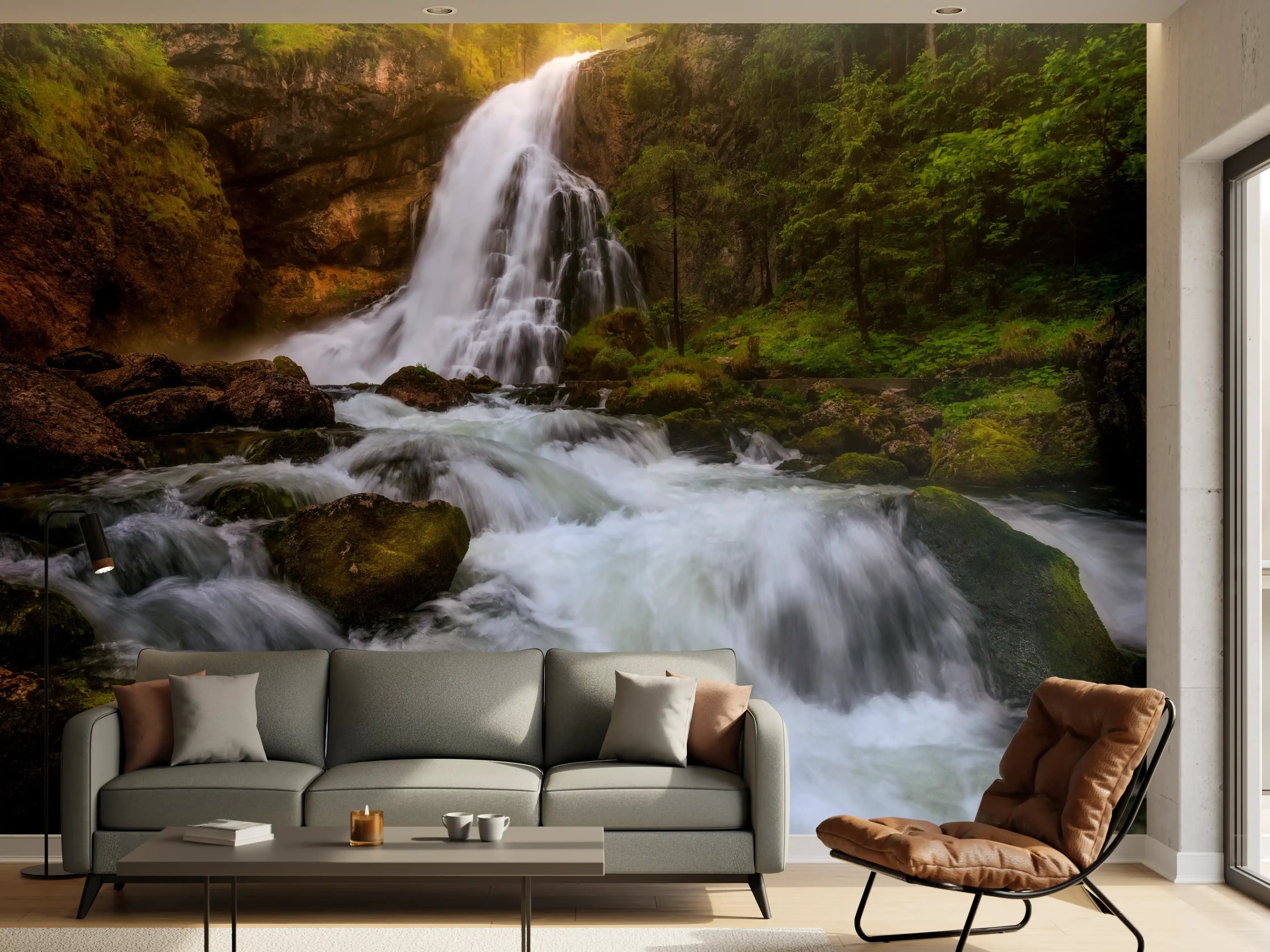 Wandverkleidung Wohnzimmer - Verzaubernde Wasserfall-Landschaft