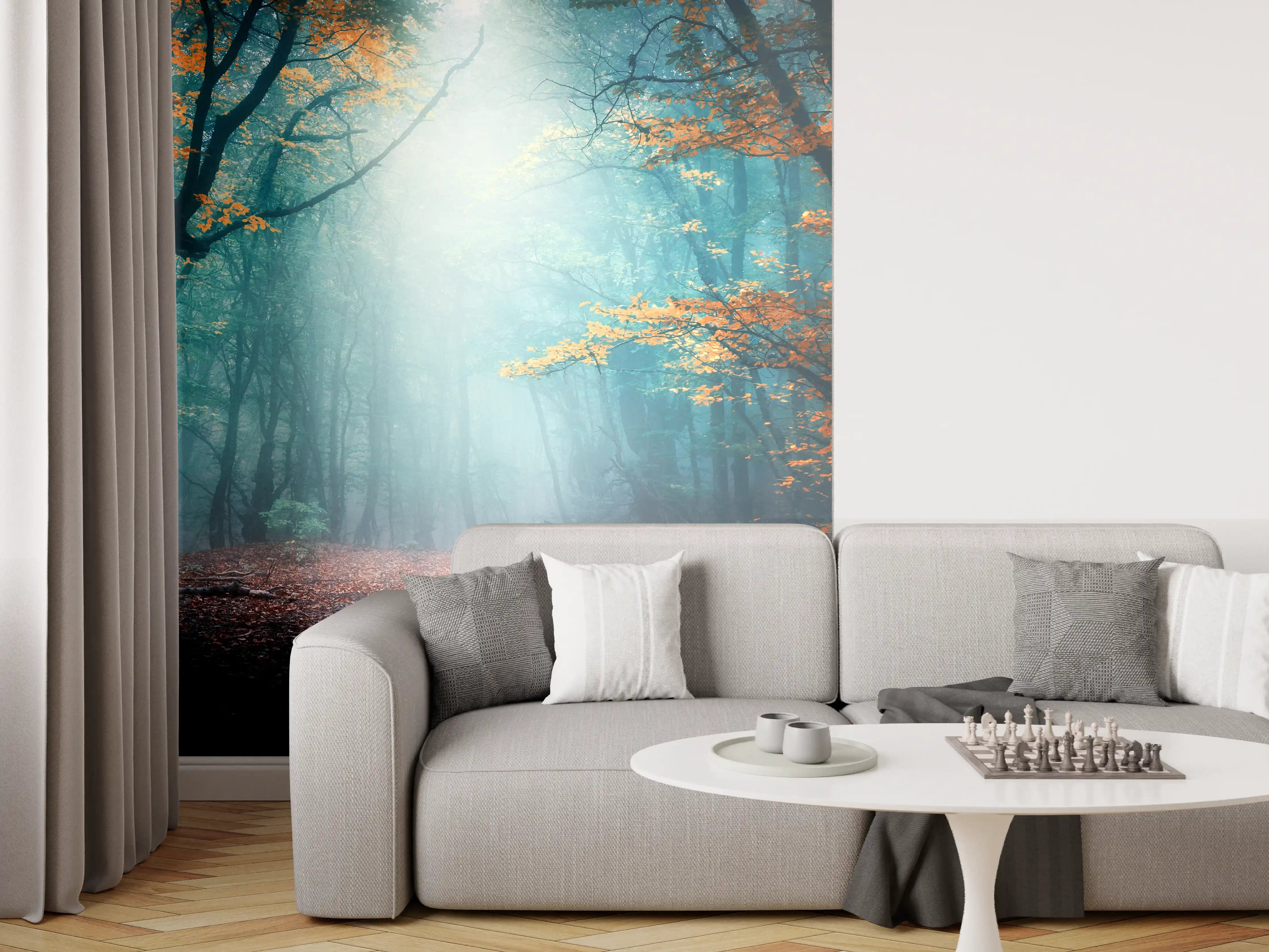 Wandverkleidung Wohnzimmer - Verzaubernder Wald im Morgenlicht