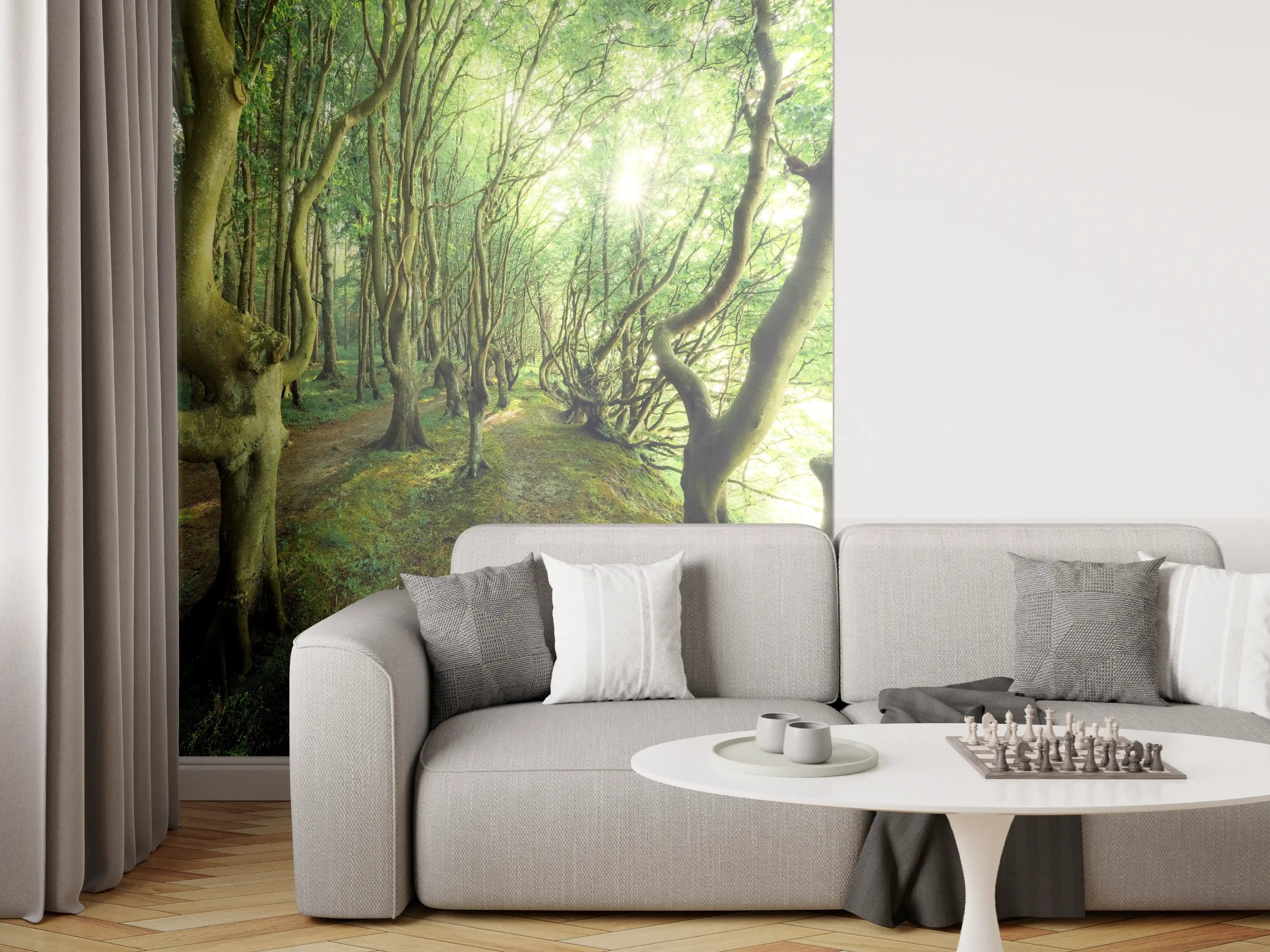 Wandverkleidung Wohnzimmer - Verzaubernder Wald im Sonnenlicht