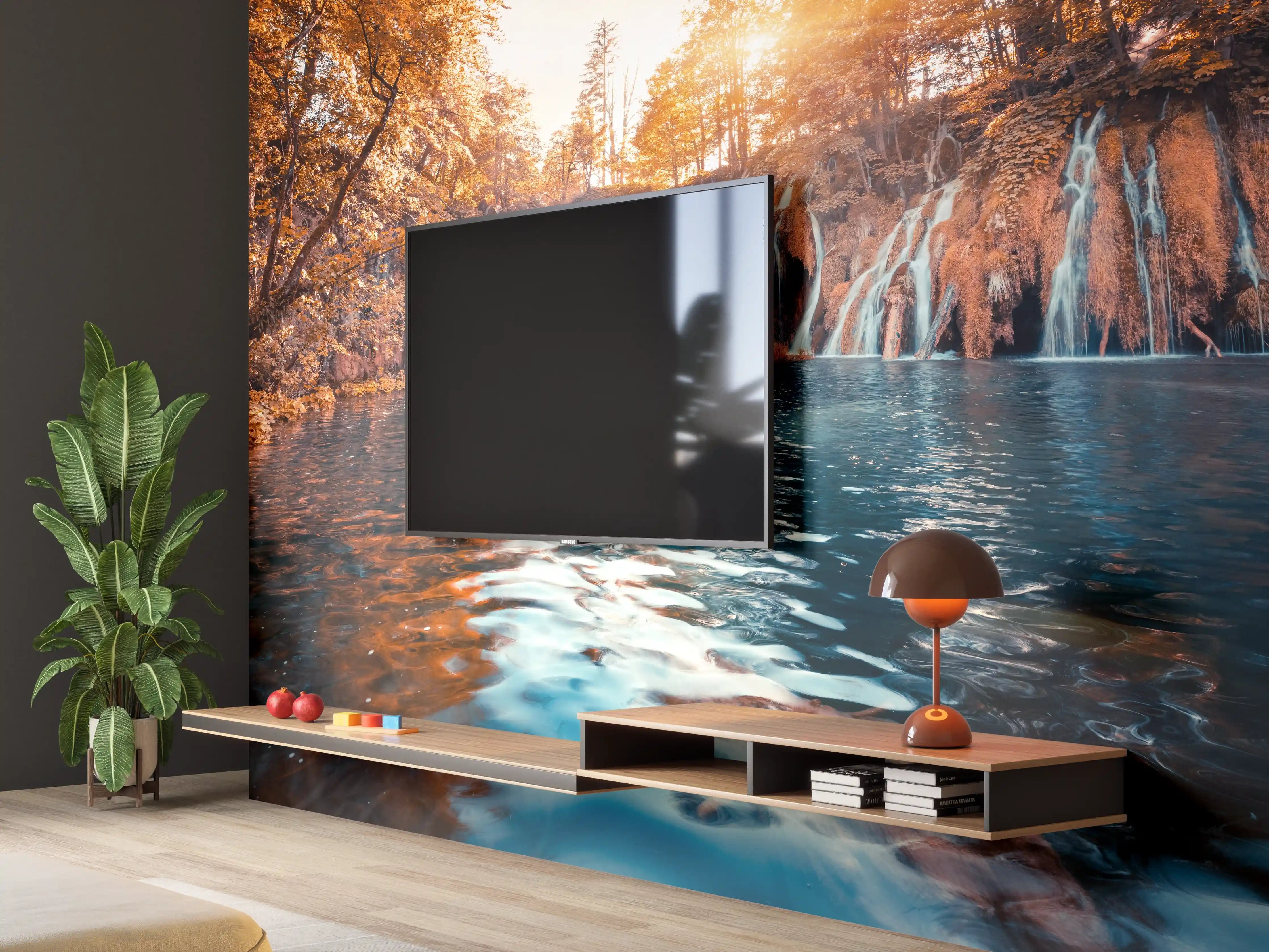 Wandverkleidung Wohnzimmer - Verzaubernder Wasserfall im Herbstlicht