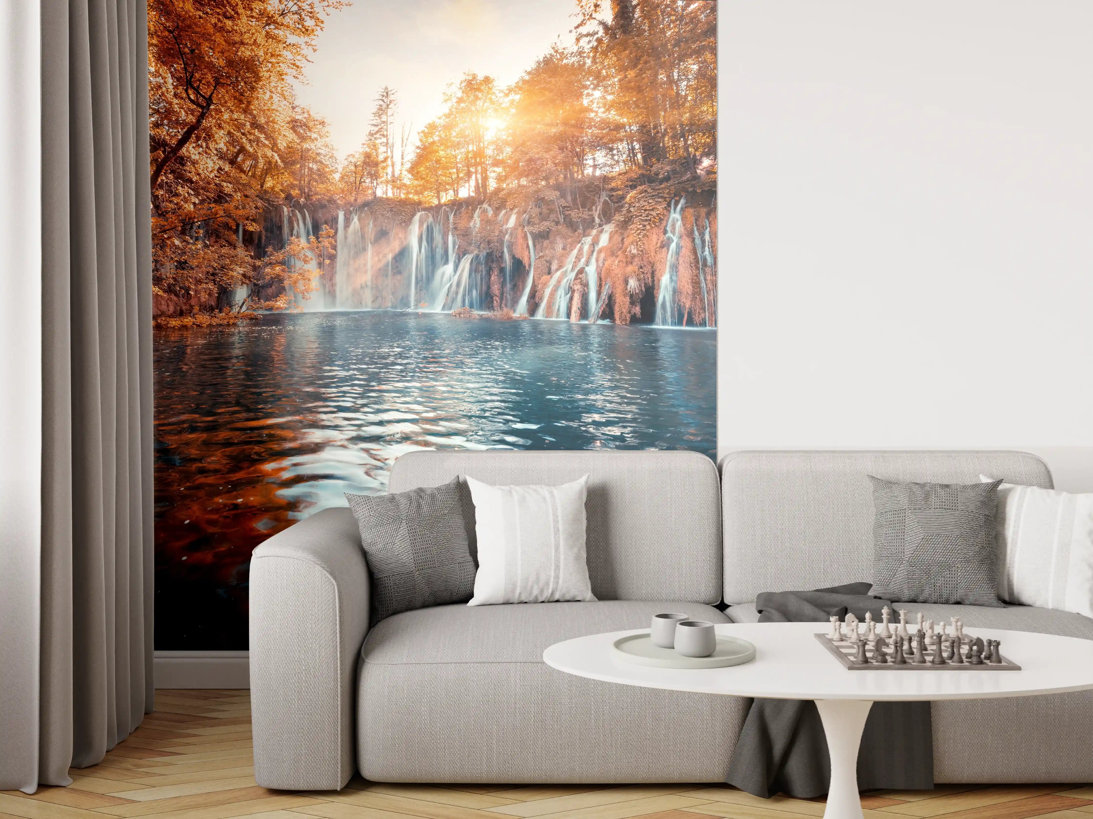 Wandverkleidung Wohnzimmer - Verzaubernder Wasserfall im Herbstlicht