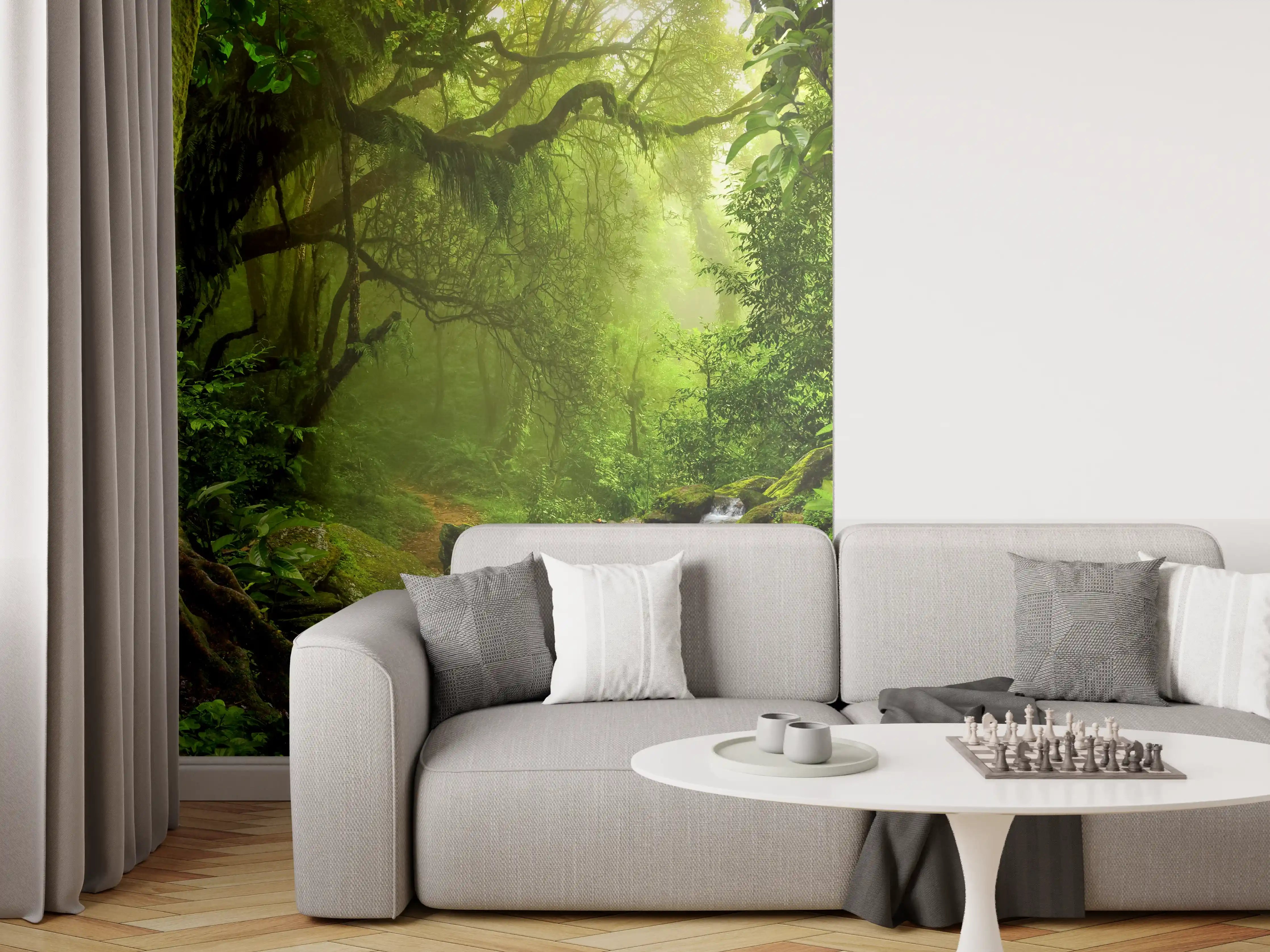 Wandverkleidung Wohnzimmer - Verzaubernder grüner Dschungelpfad