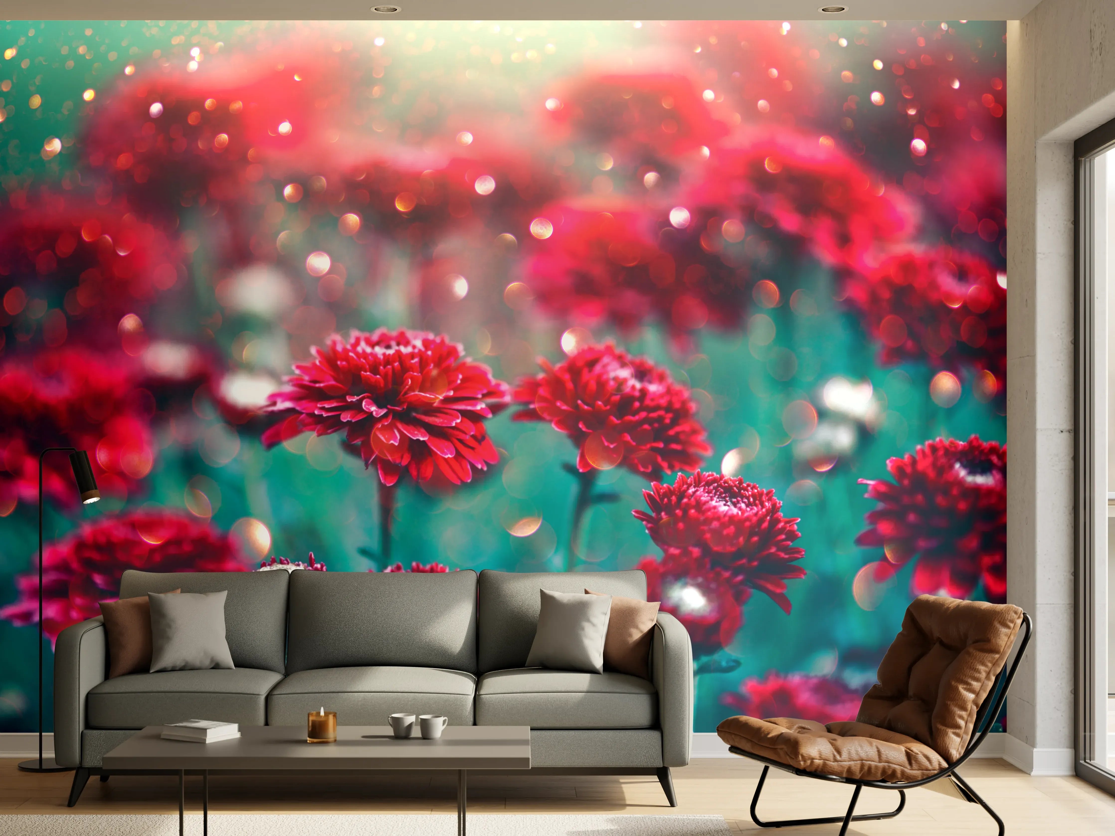 Wandverkleidung Wohnzimmer - Vibrante rote Blumen im Garten
