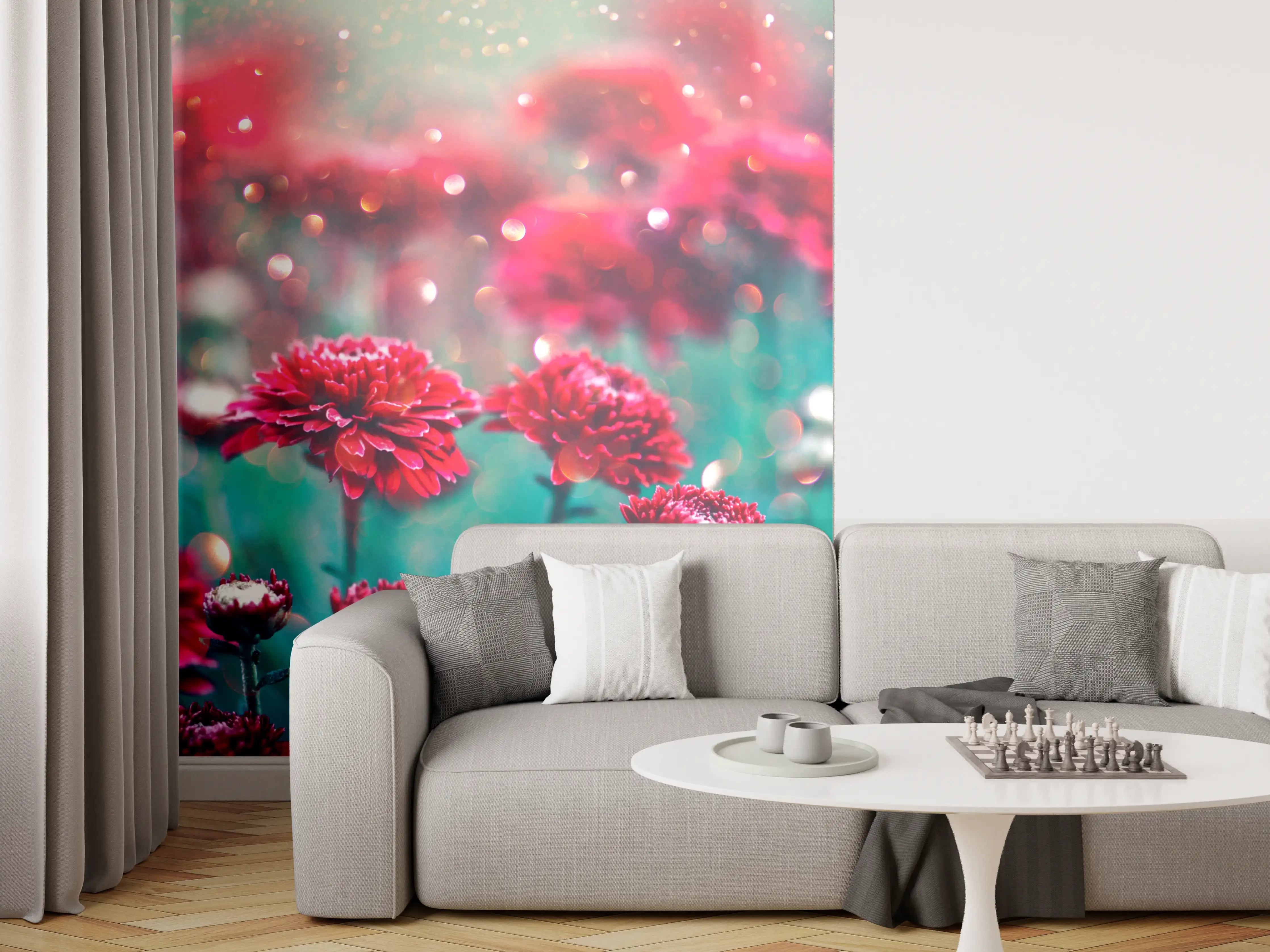 Wandverkleidung Wohnzimmer - Vibrante rote Blumen im Garten