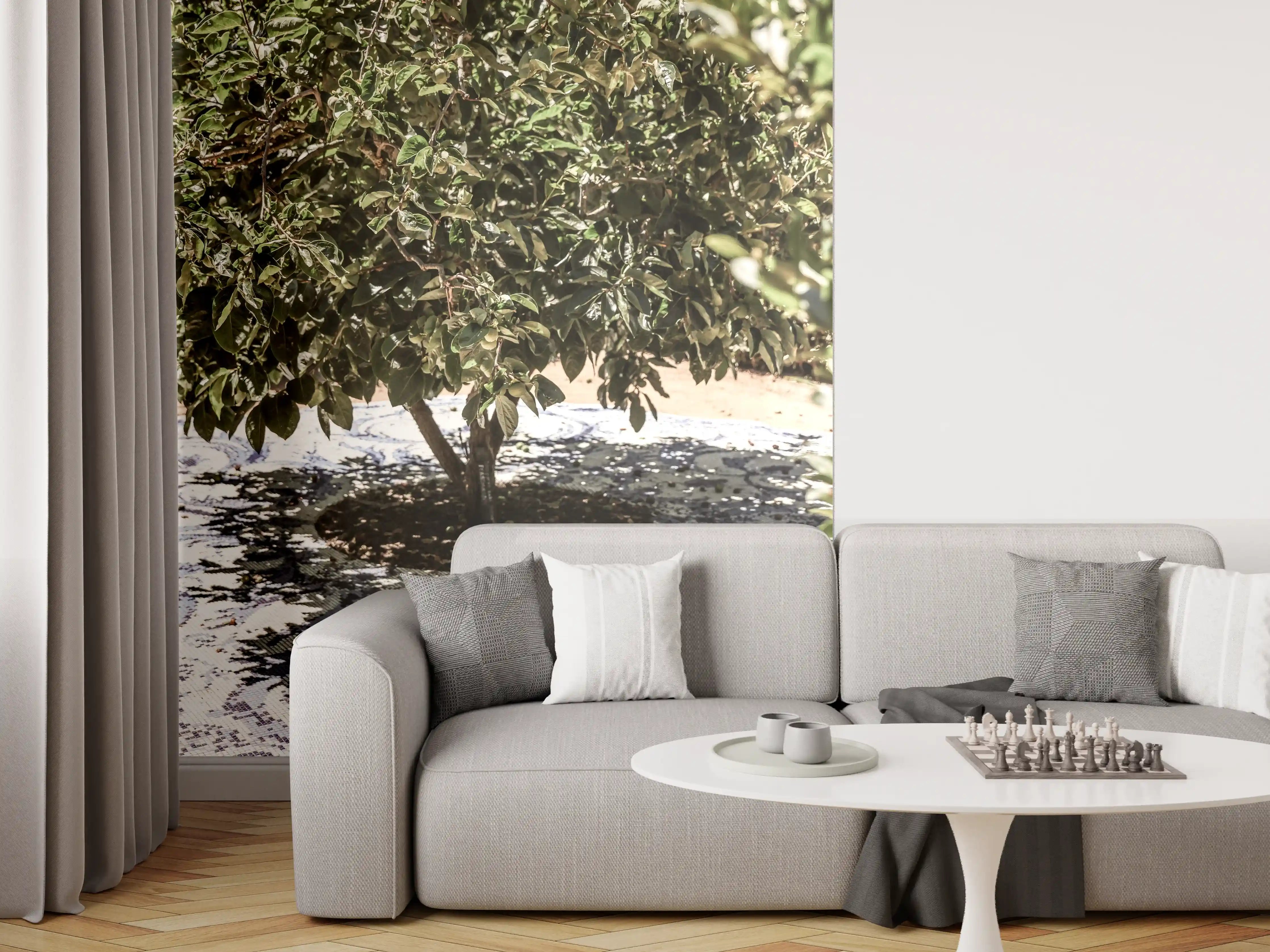 Wandverkleidung Wohnzimmer - Vielseitiges Baum-Motiv auf stilvollem Teppich