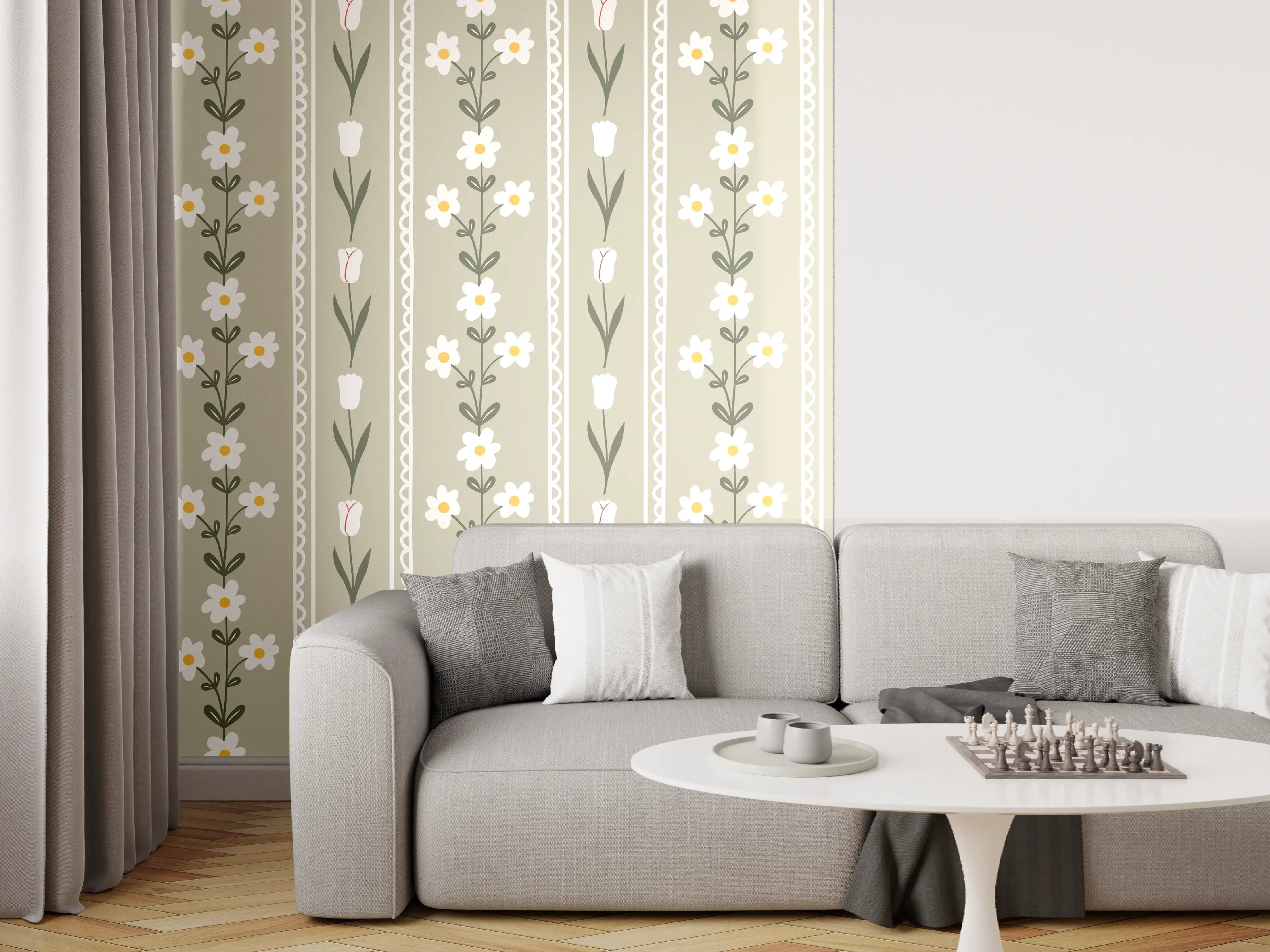 Wandverkleidung Wohnzimmer - Vintage Bloom Beige Blumen Tapete