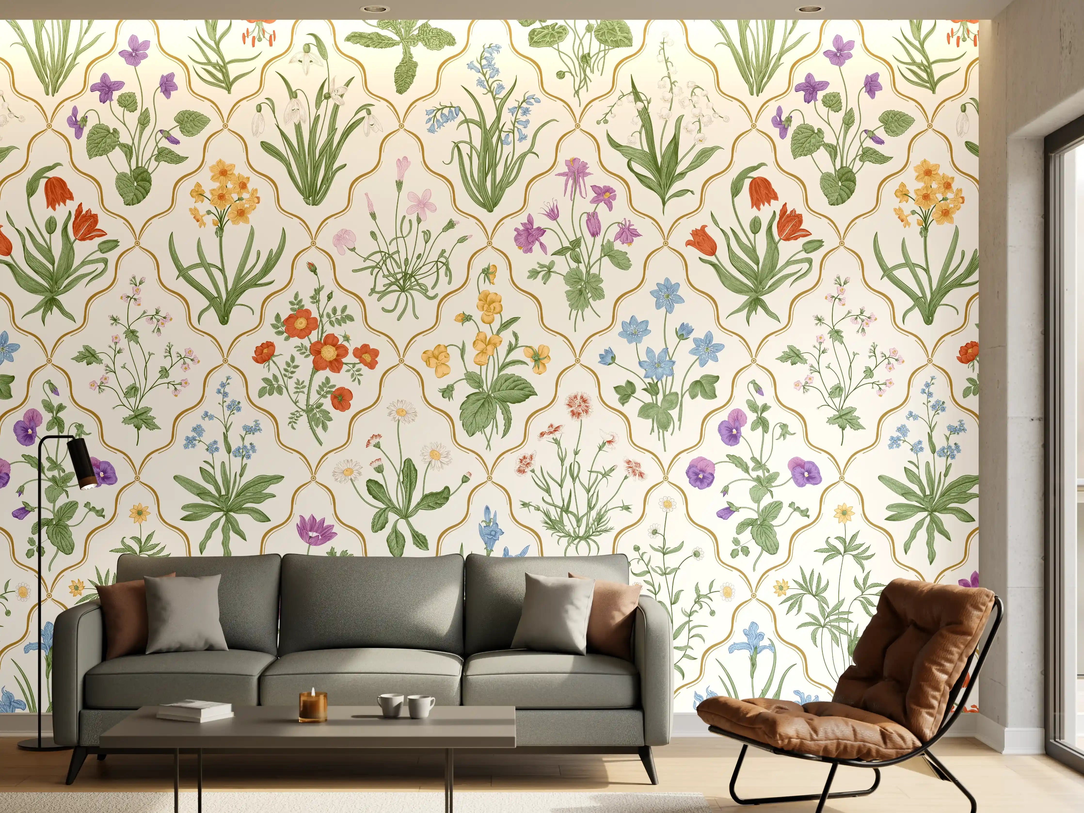 Wandverkleidung Wohnzimmer - Vintage Bloom Blumen-Tapete Beige-Grün