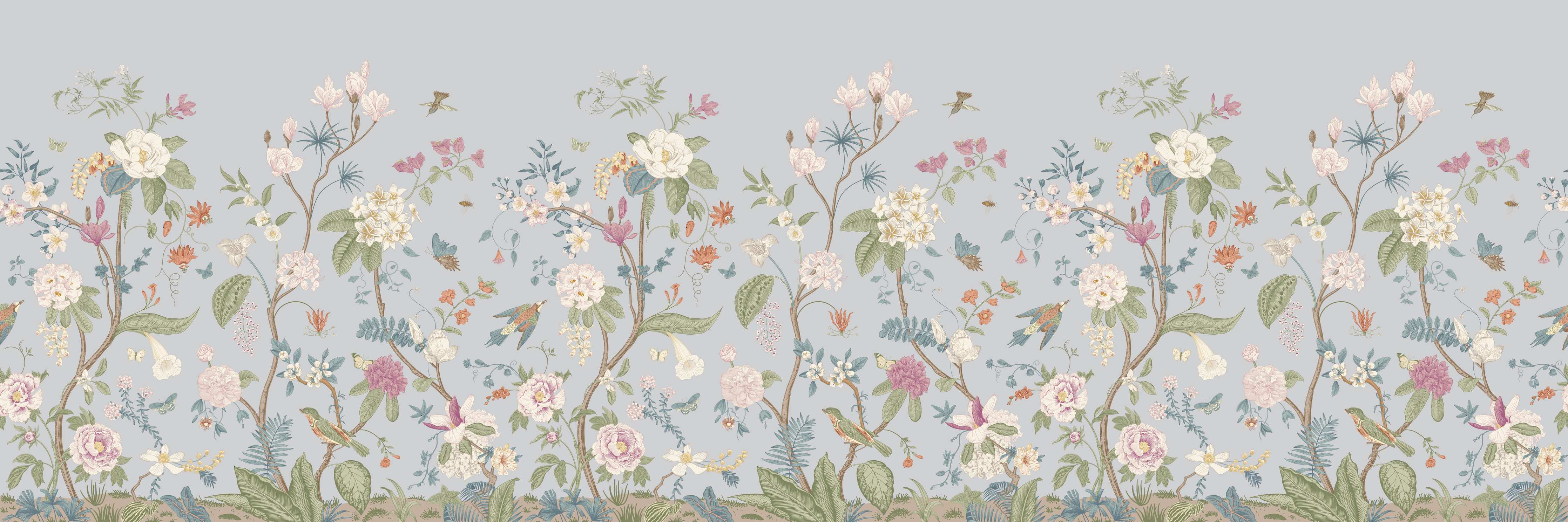 Wandverkleidung Wohnzimmer-Vintage Bloom Blumenbordüre Grau-Rosa