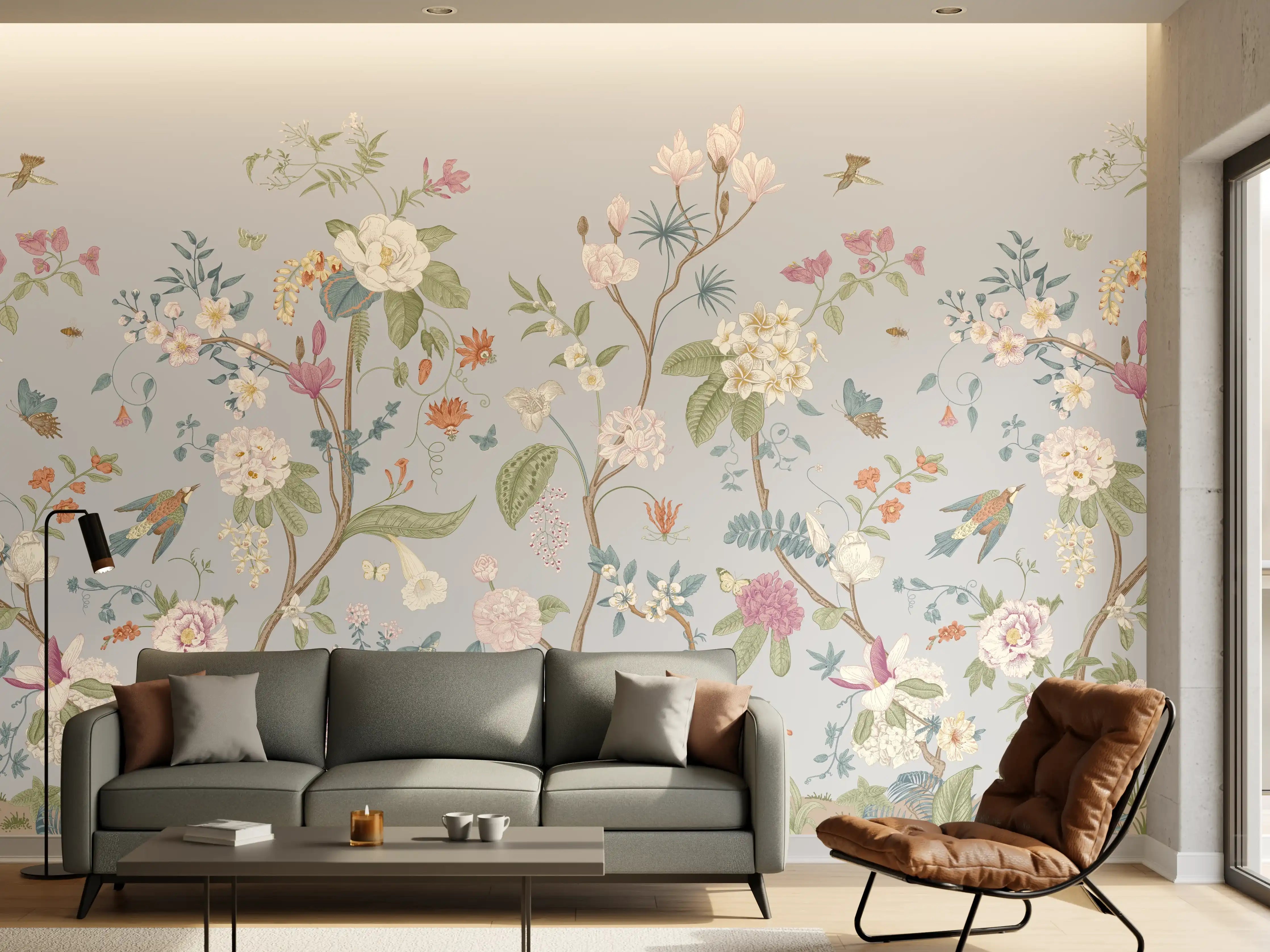 Wandverkleidung Wohnzimmer - Vintage Bloom Blumenbordüre Grau-Rosa