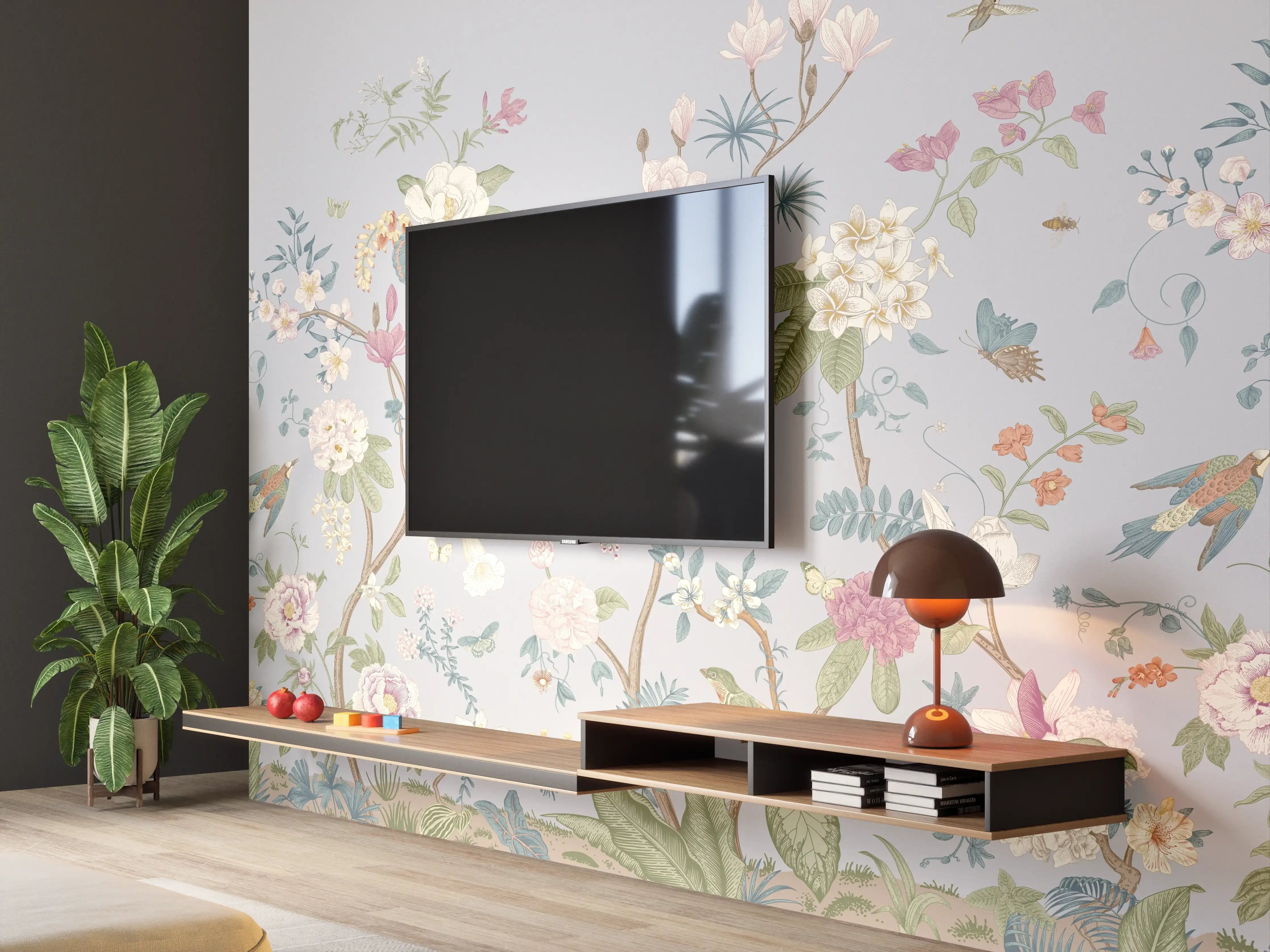 Wandverkleidung Wohnzimmer - Vintage Bloom Blumenbordüre Grau-Rosa
