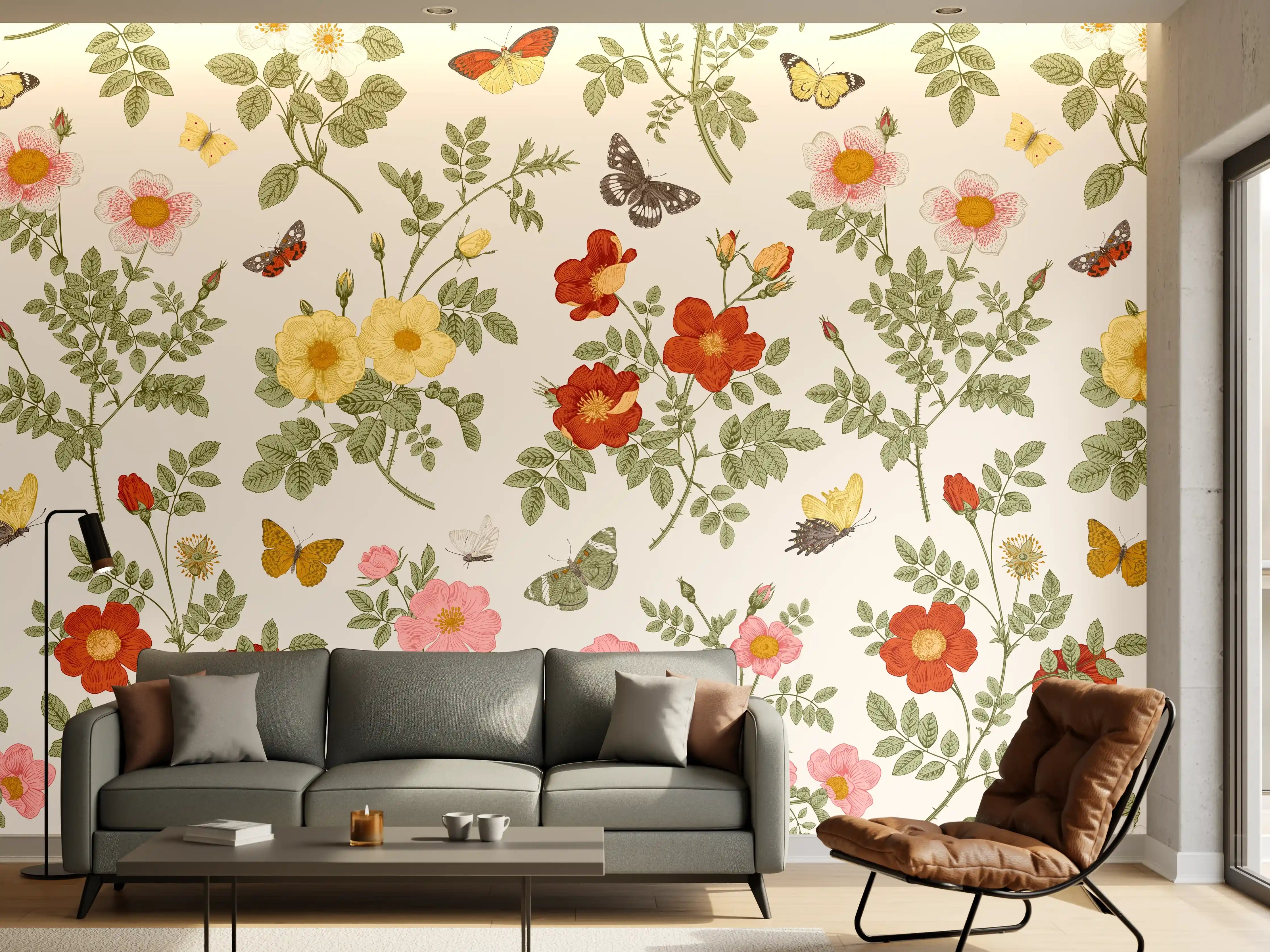 Wandverkleidung Wohnzimmer - Vintage Bloom Blumenmuster Rosa-Beige