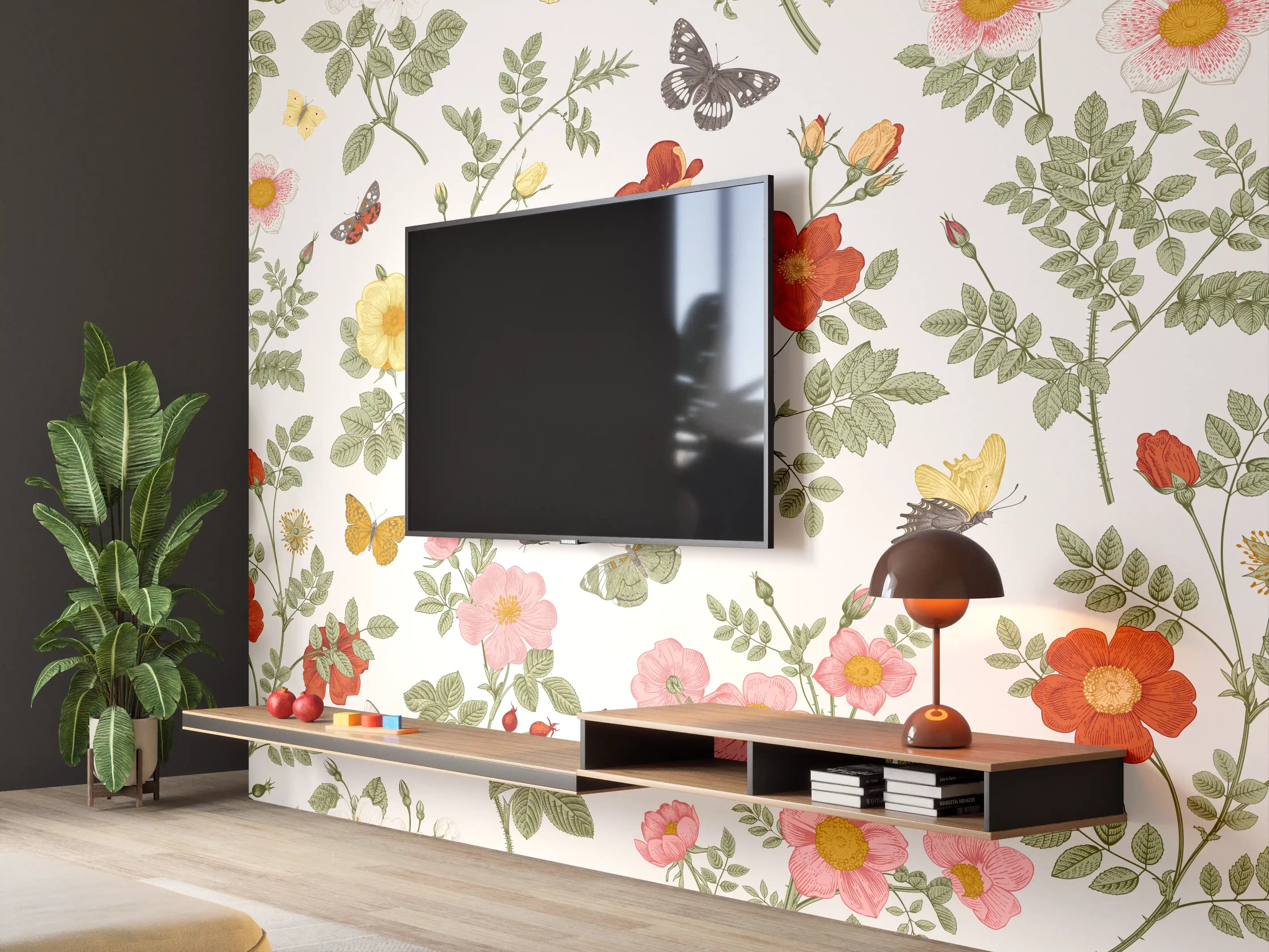 Wandverkleidung Wohnzimmer - Vintage Bloom Blumenmuster Rosa-Beige
