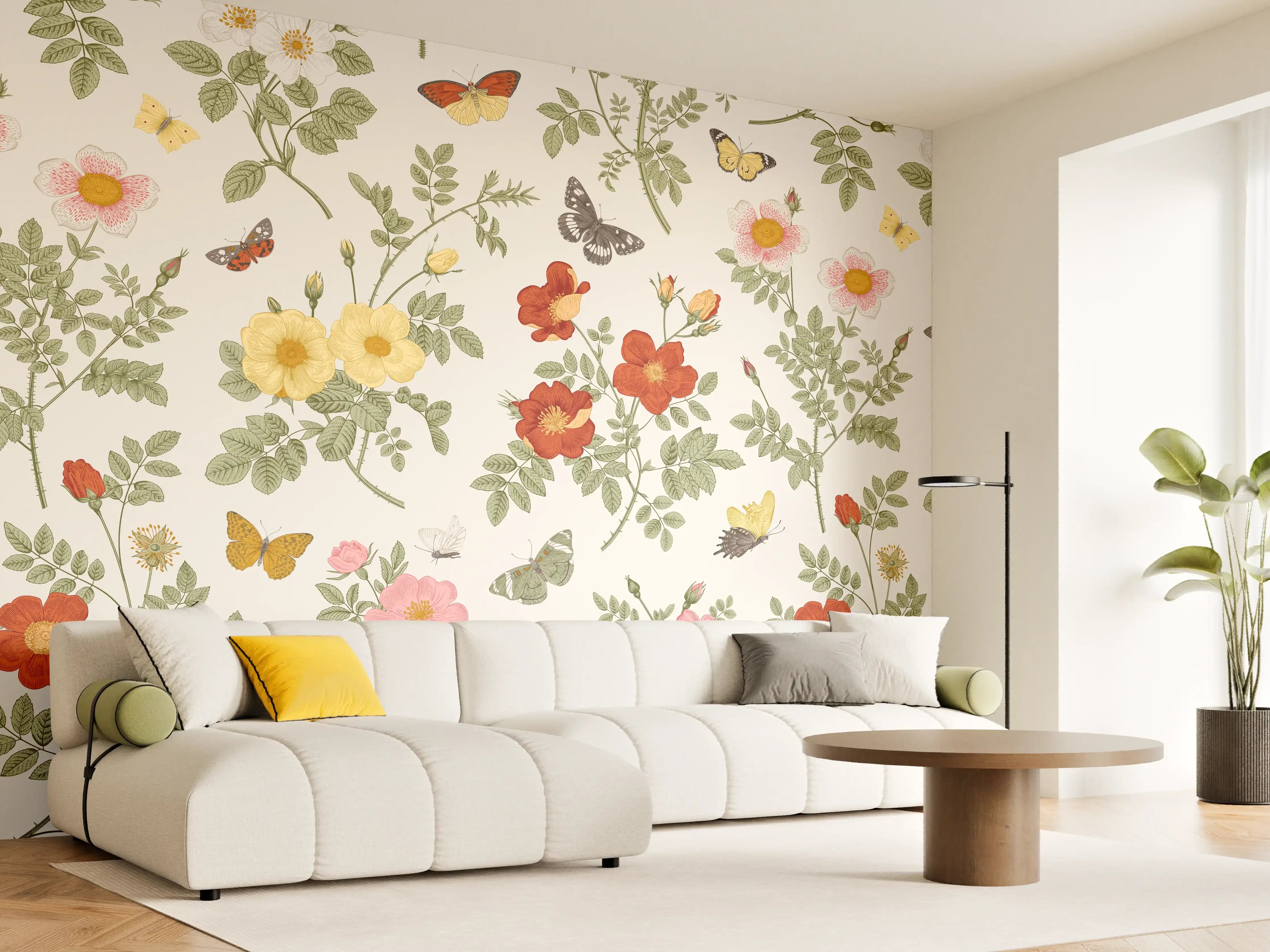 Wandverkleidung Wohnzimmer - Vintage Bloom Blumenmuster Rosa-Beige
