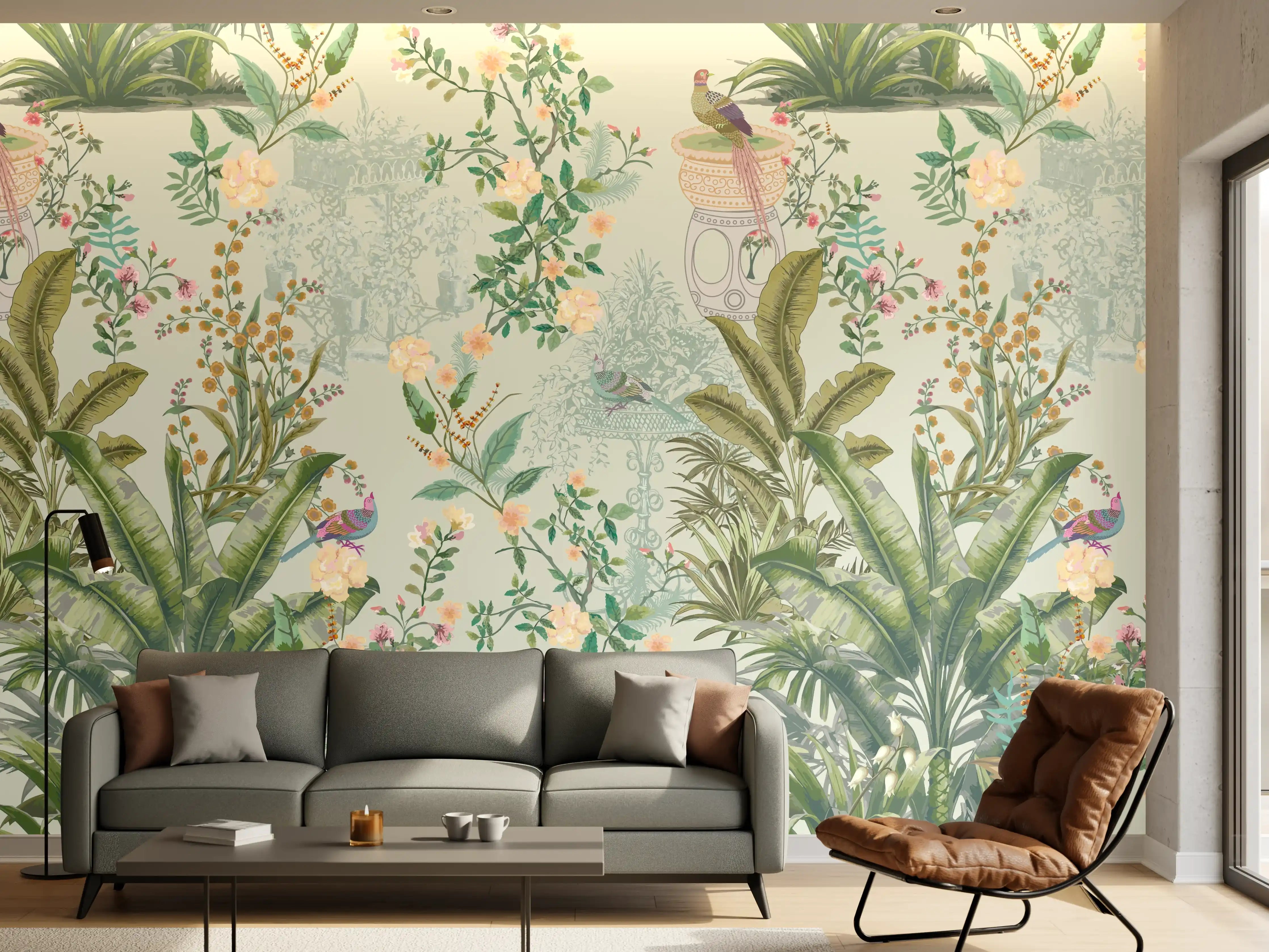 Wandverkleidung Wohnzimmer - Vintage Bloom Grünes Refugium