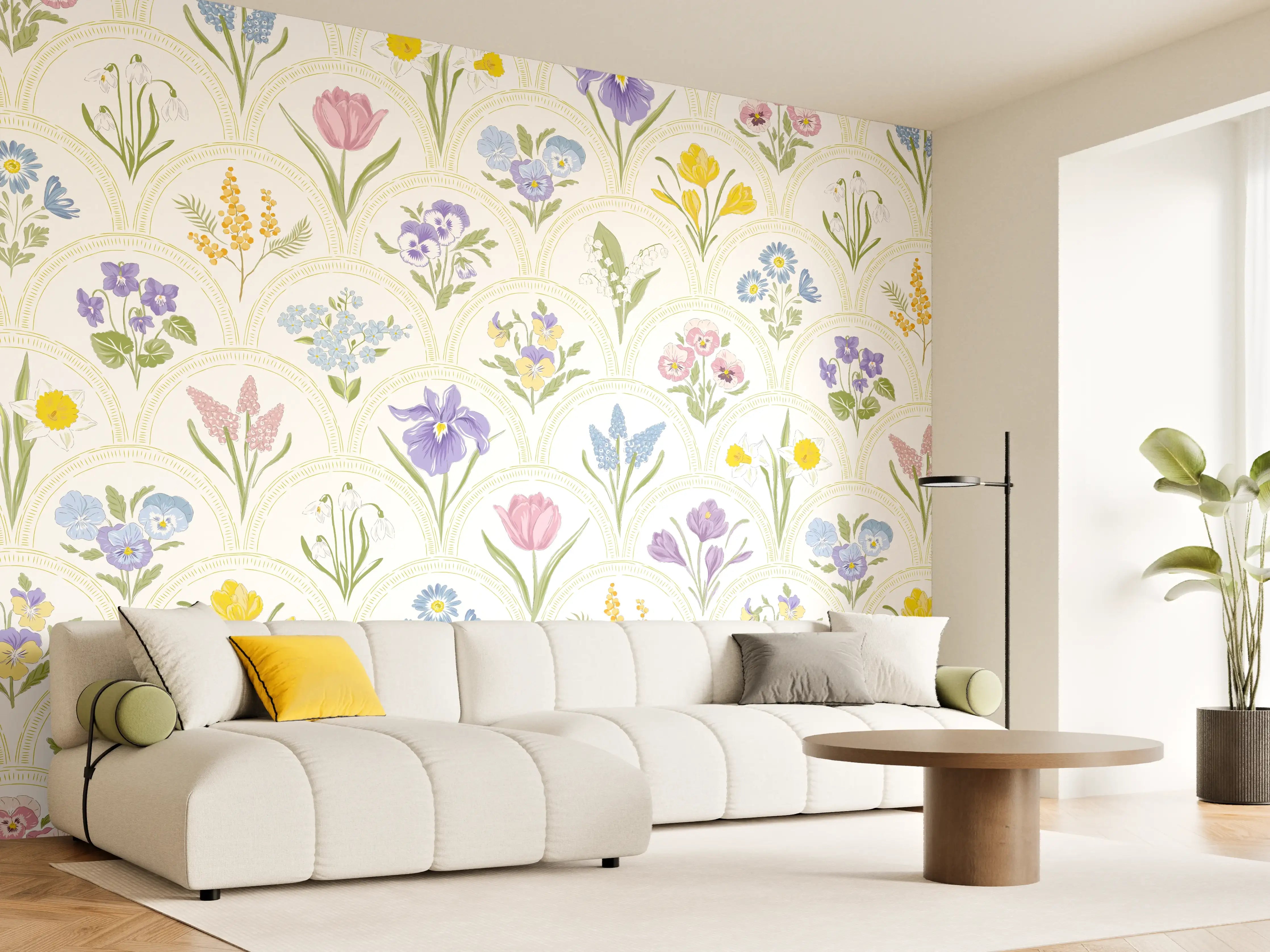Wandverkleidung Wohnzimmer - Vintage Bloom Pastell-Blumentapete