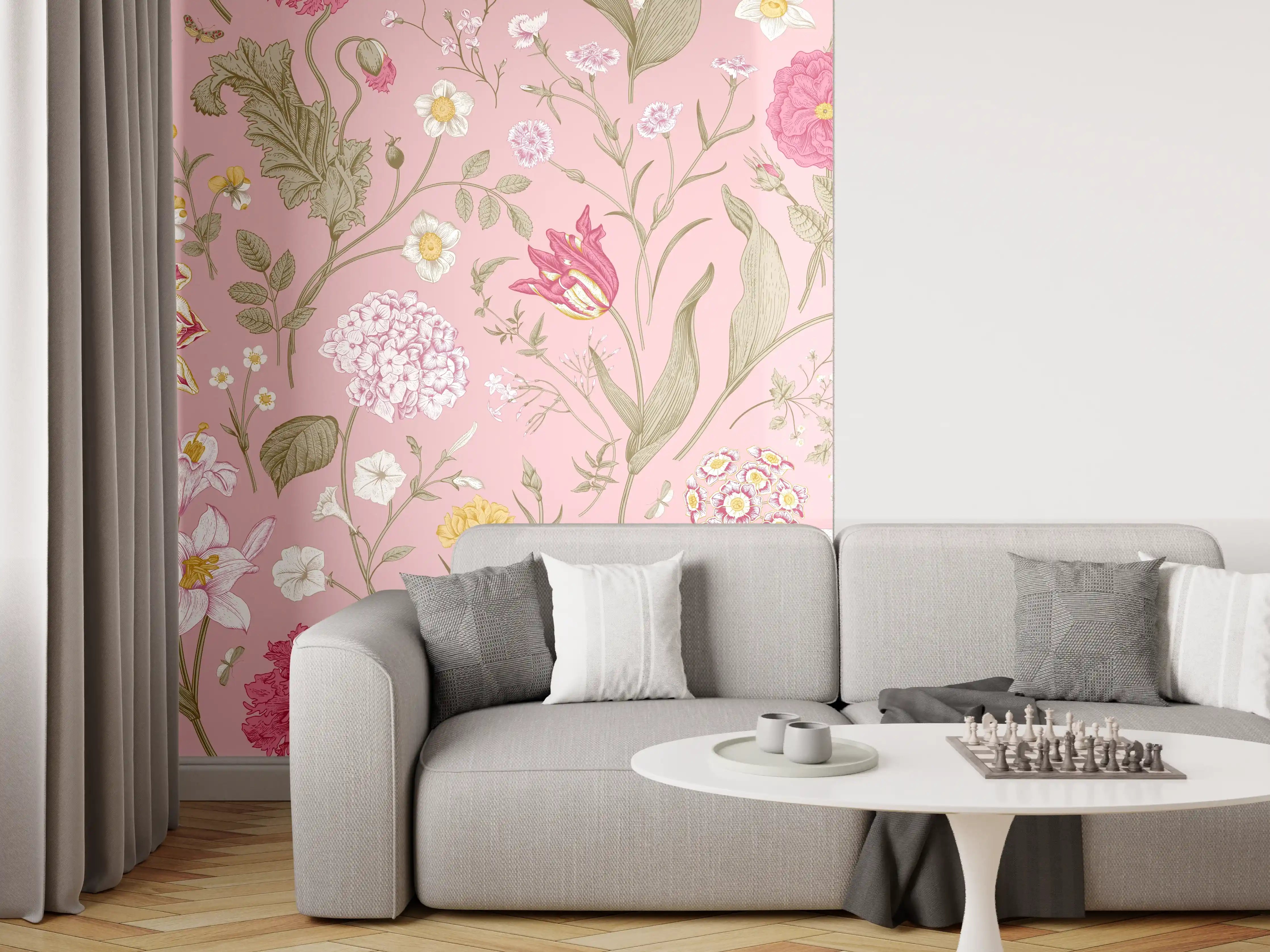 Wandverkleidung Wohnzimmer - Vintage Bloom Rosa Blumenmuster