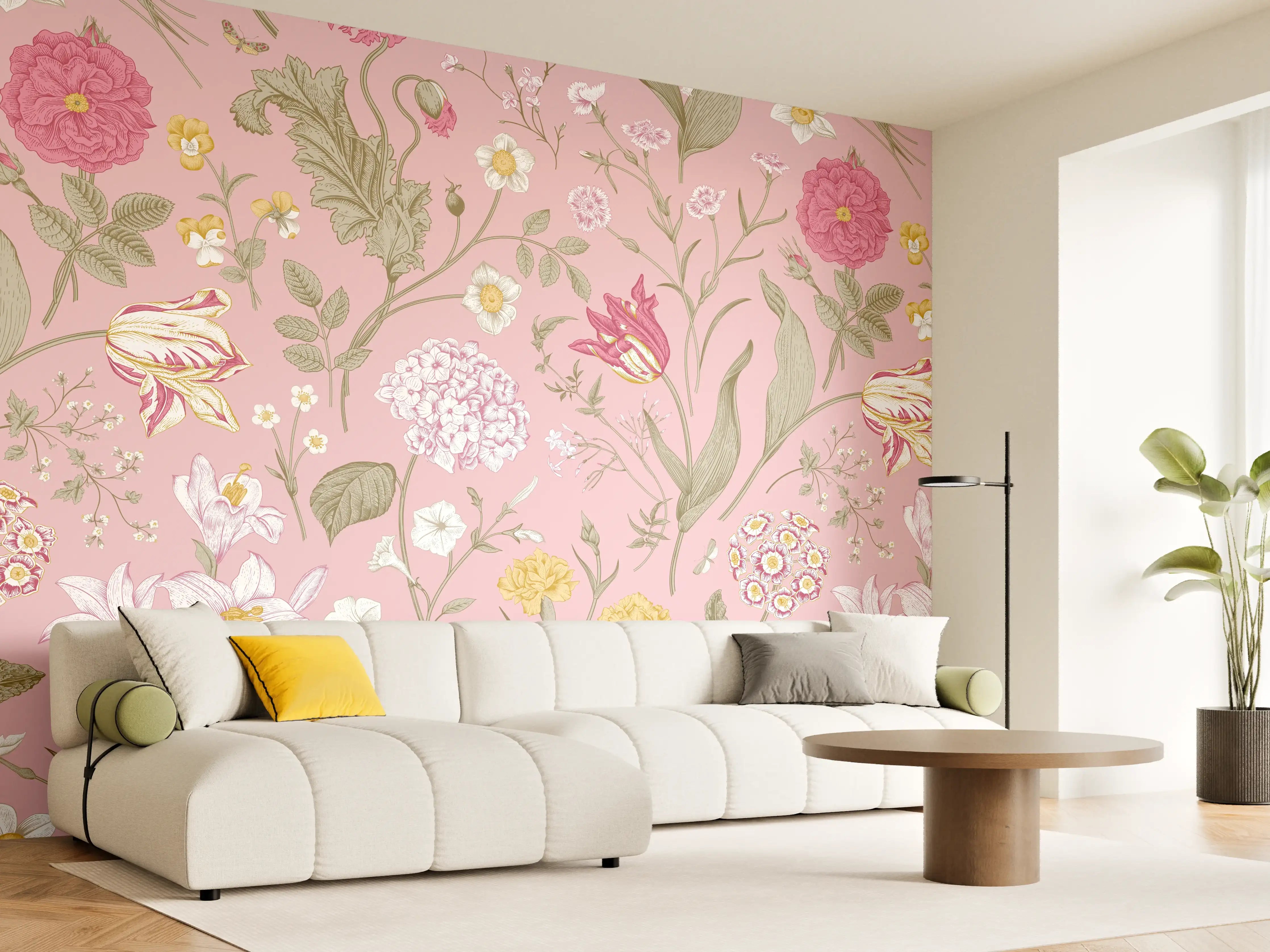 Wandverkleidung Wohnzimmer - Vintage Bloom Rosa Blumenmuster