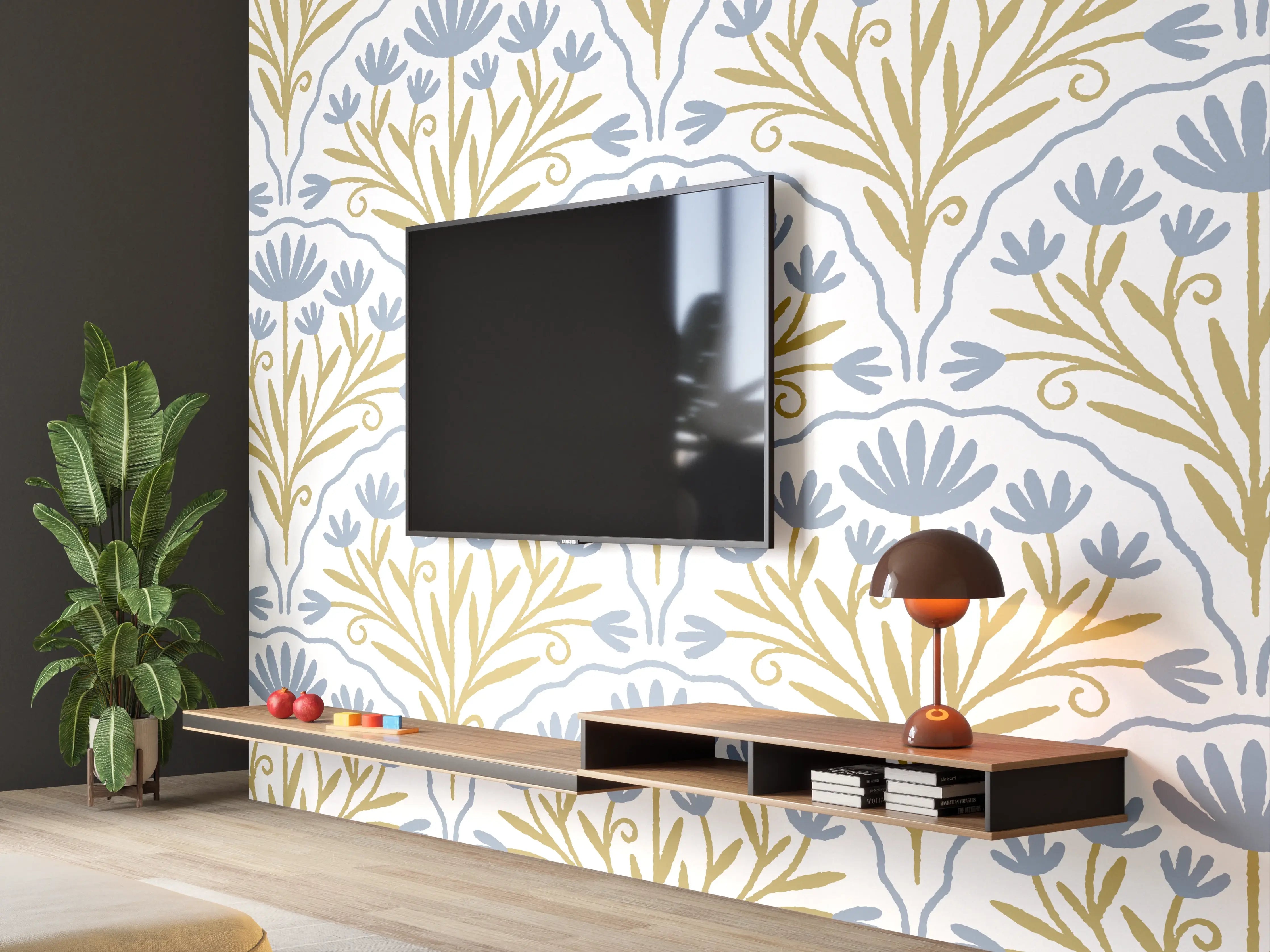 Wandverkleidung Wohnzimmer - Vintage Bloom Tapete Blau-Weiß