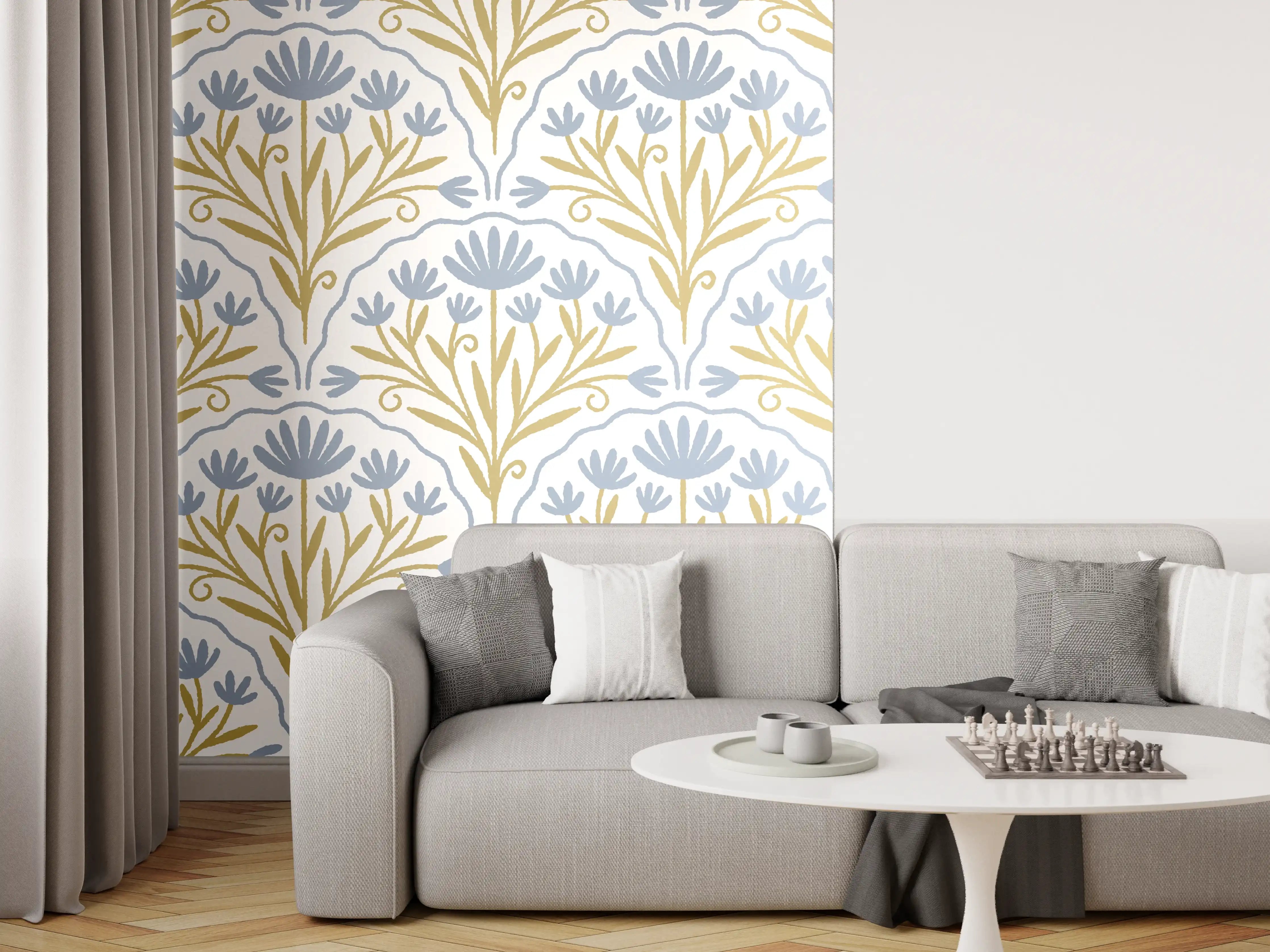Wandverkleidung Wohnzimmer - Vintage Bloom Tapete Blau-Weiß
