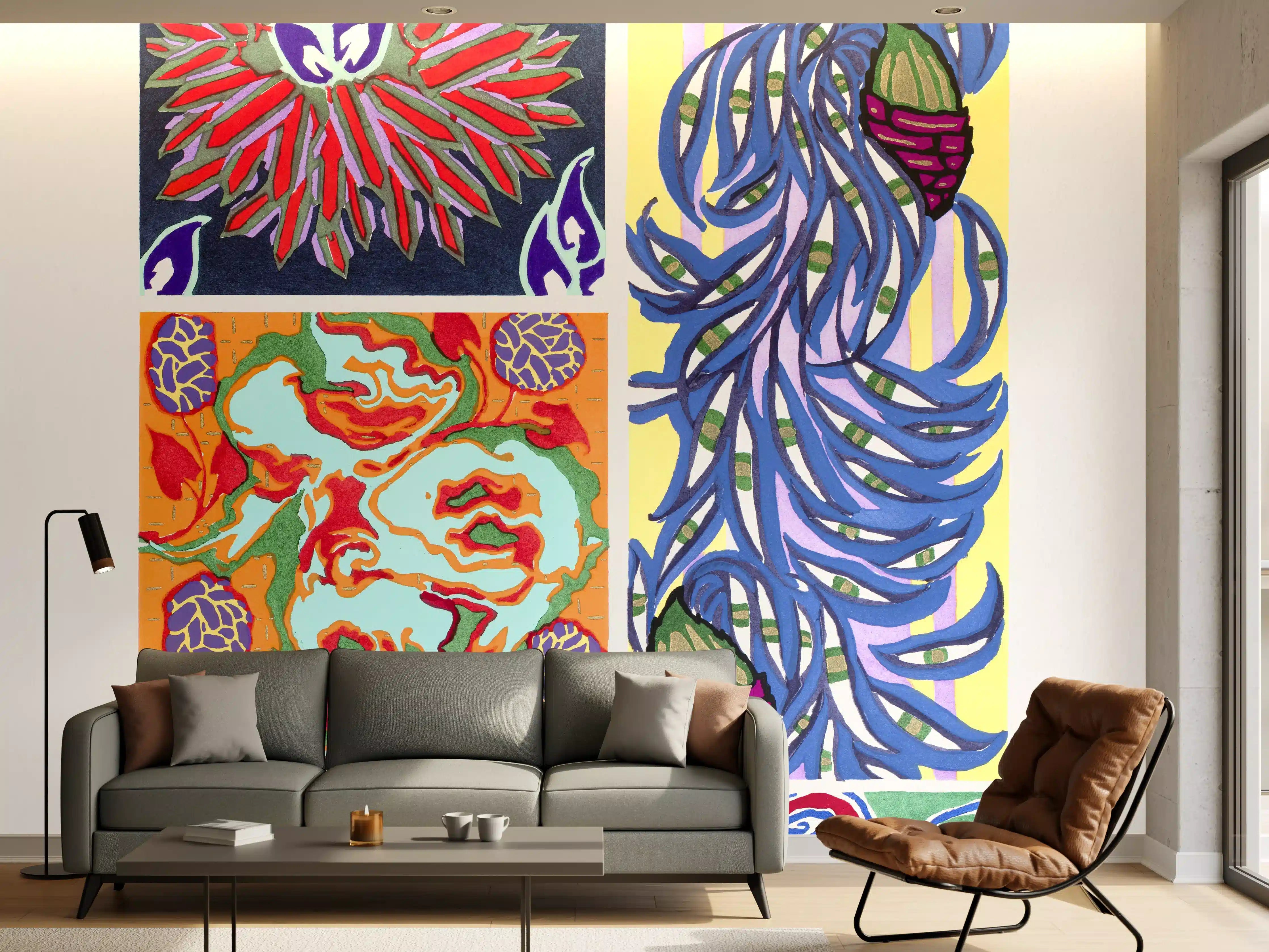 Wandverkleidung Wohnzimmer - Vintage Blumen Kunstposter