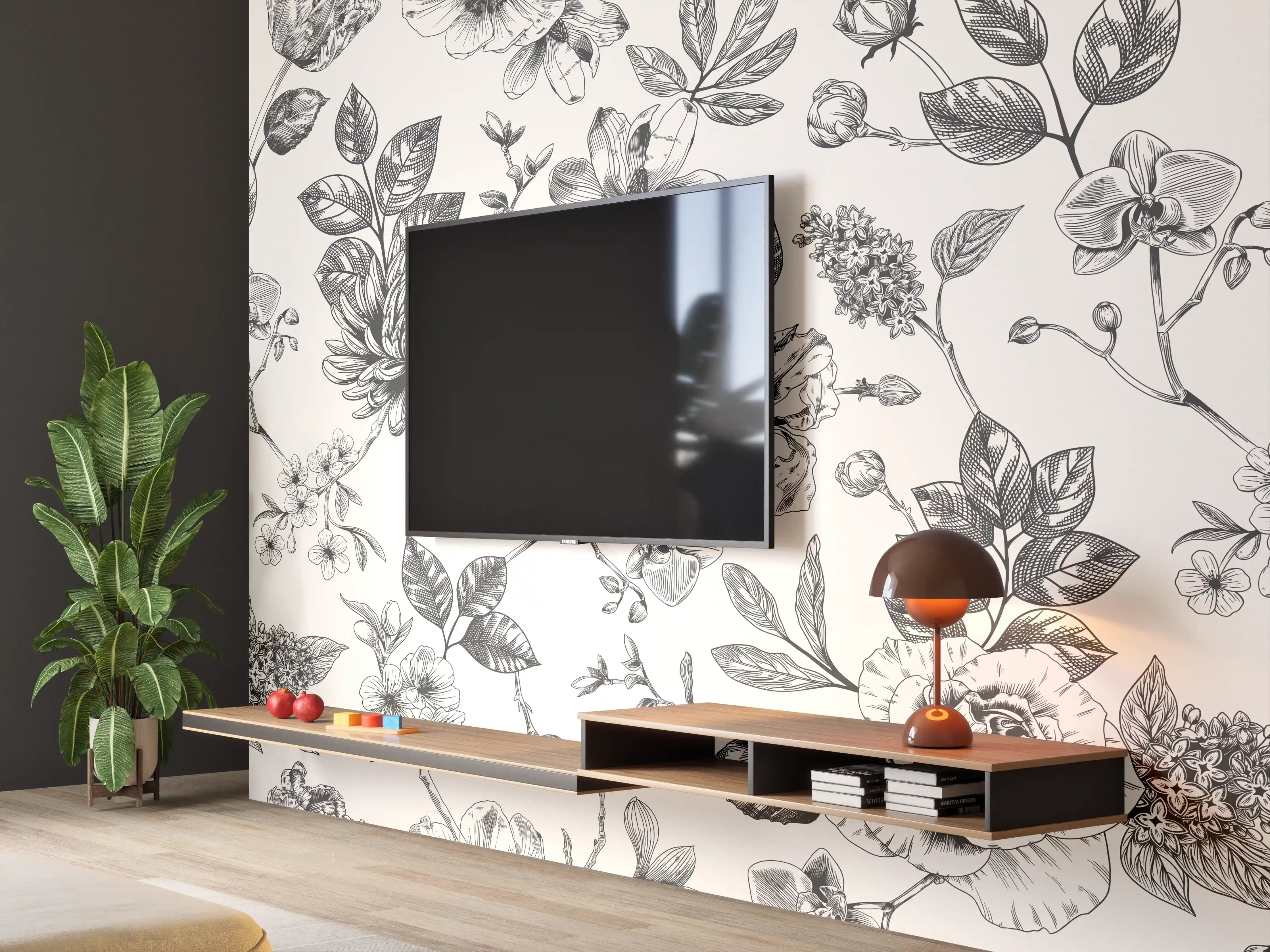Wandverkleidung Wohnzimmer - Vintage-Blumen Schwarz-Weiß
