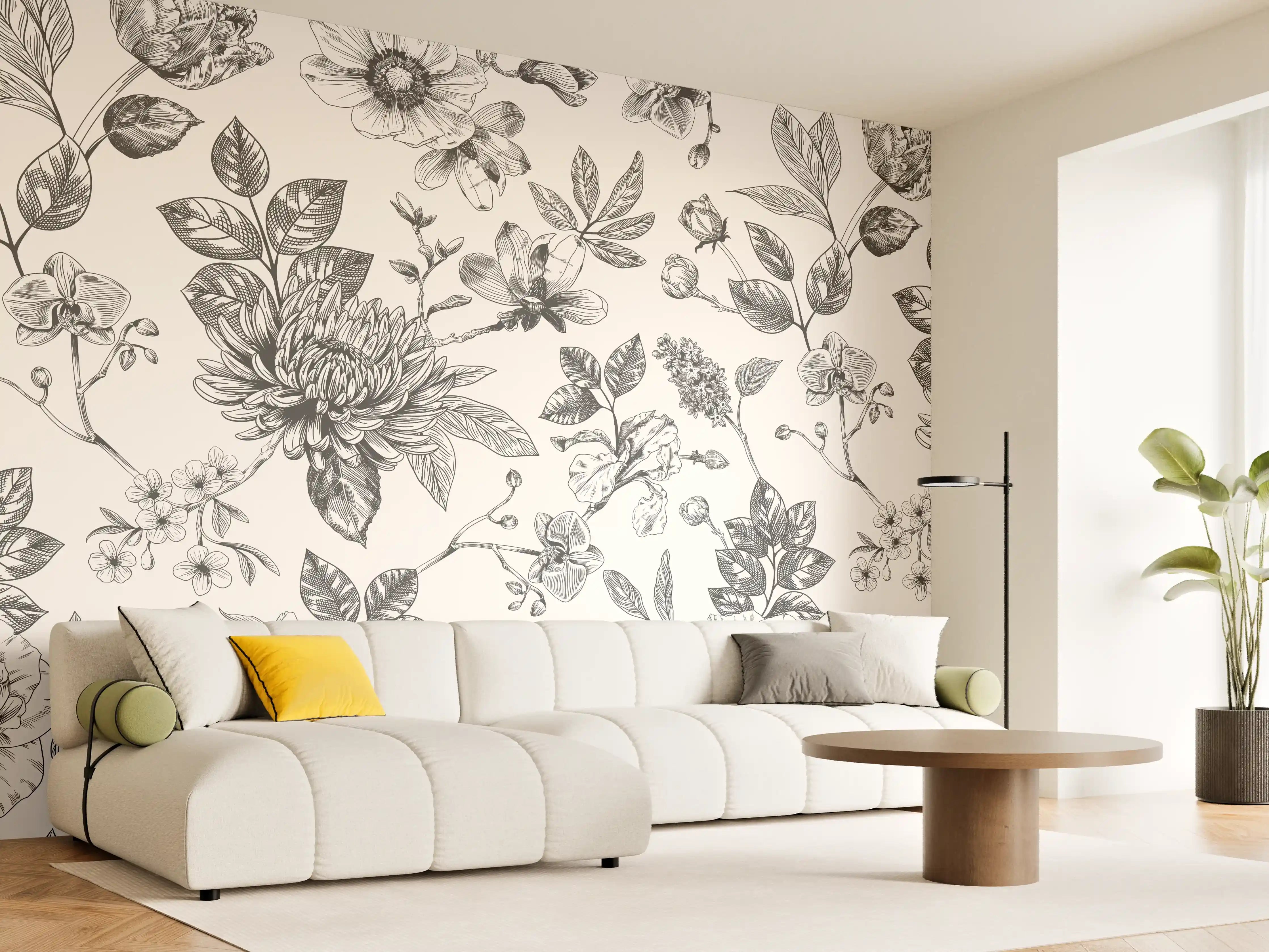 Wandverkleidung Wohnzimmer - Vintage-Blumen Schwarz-Weiß