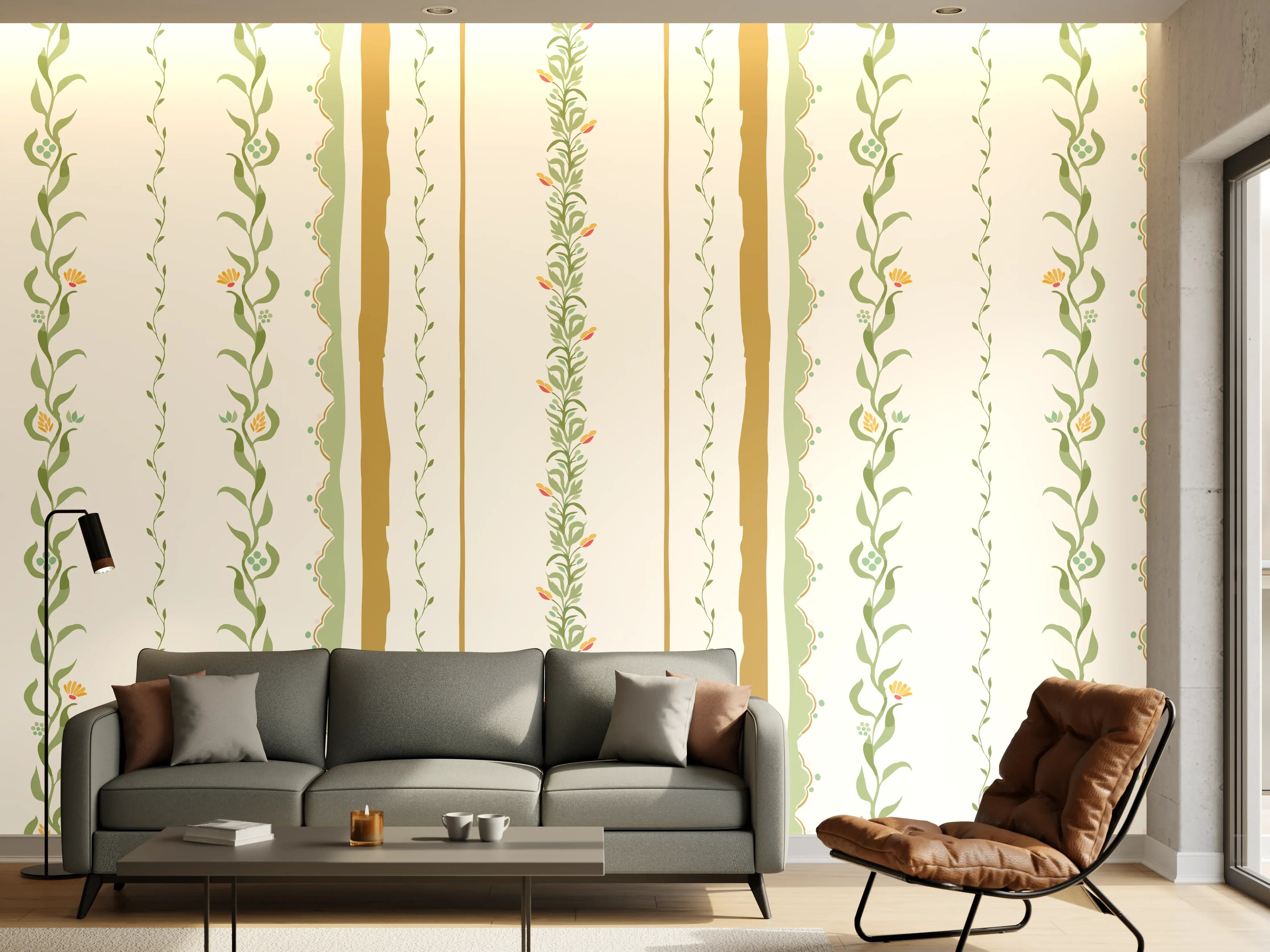 Wandverkleidung Wohnzimmer - Vintage-Blumen Tapete Beige-Grün