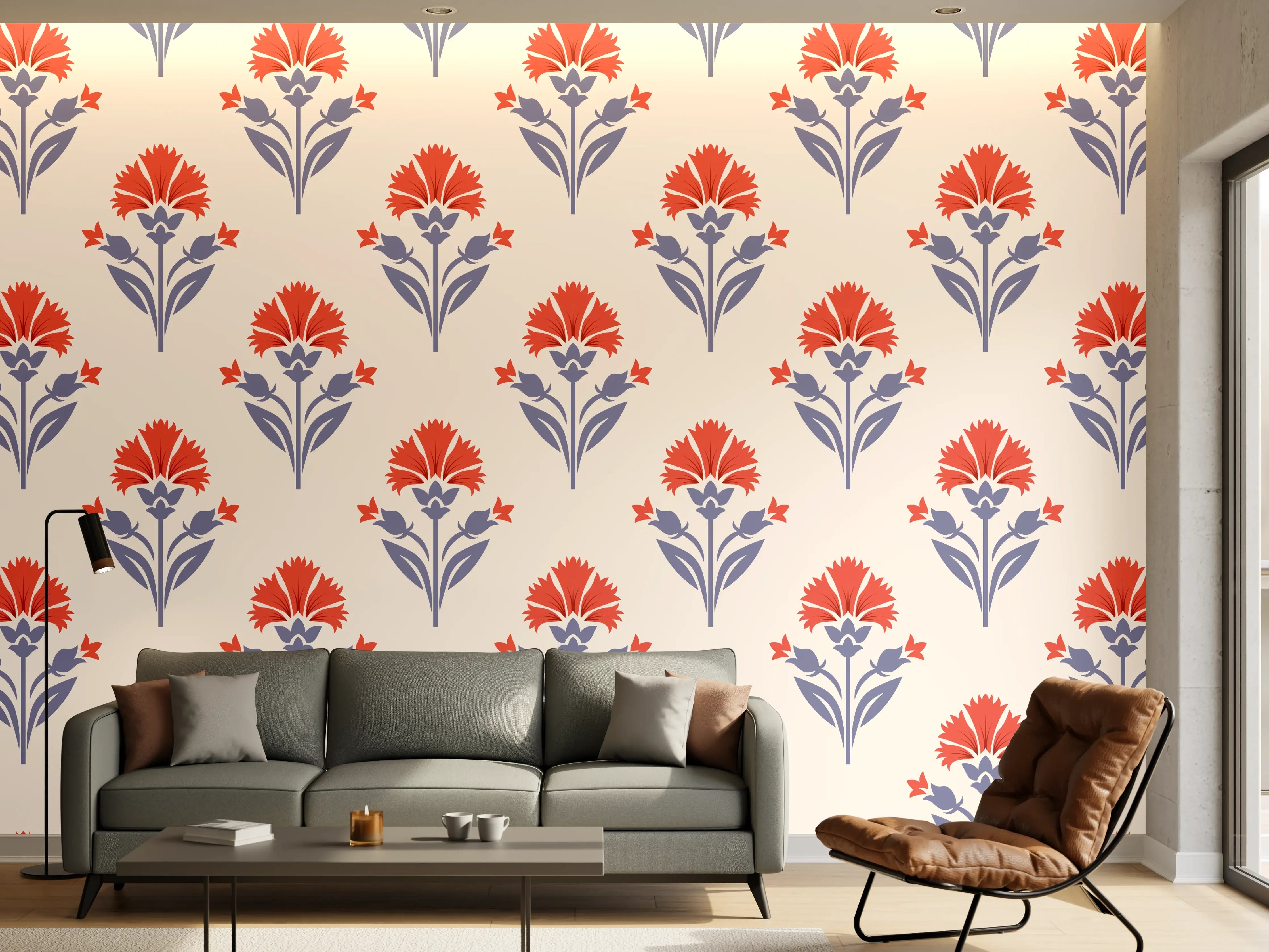 Wandverkleidung Wohnzimmer - Vintage Blumen Tapete Beige-Rot