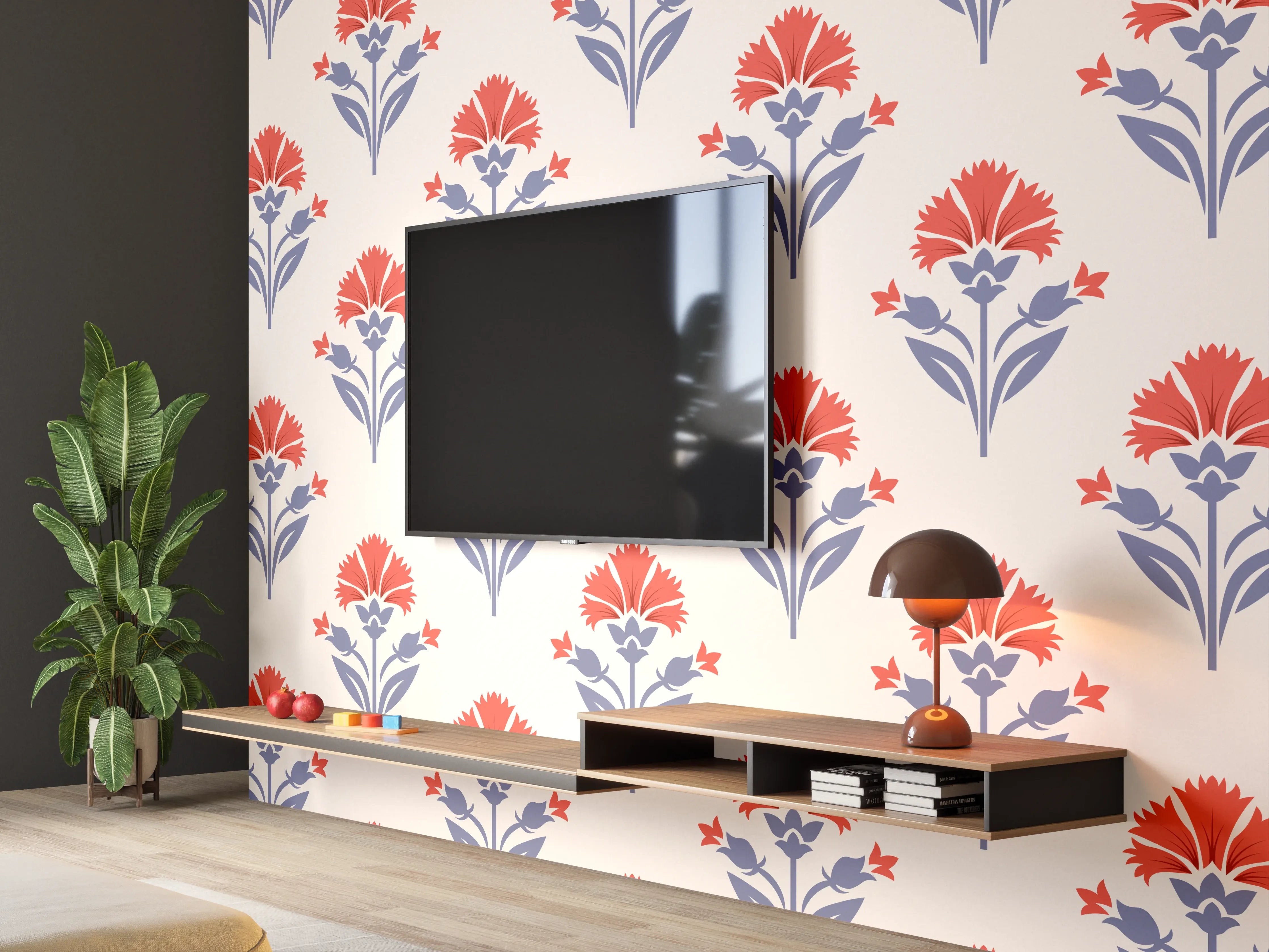 Wandverkleidung Wohnzimmer - Vintage Blumen Tapete Beige-Rot