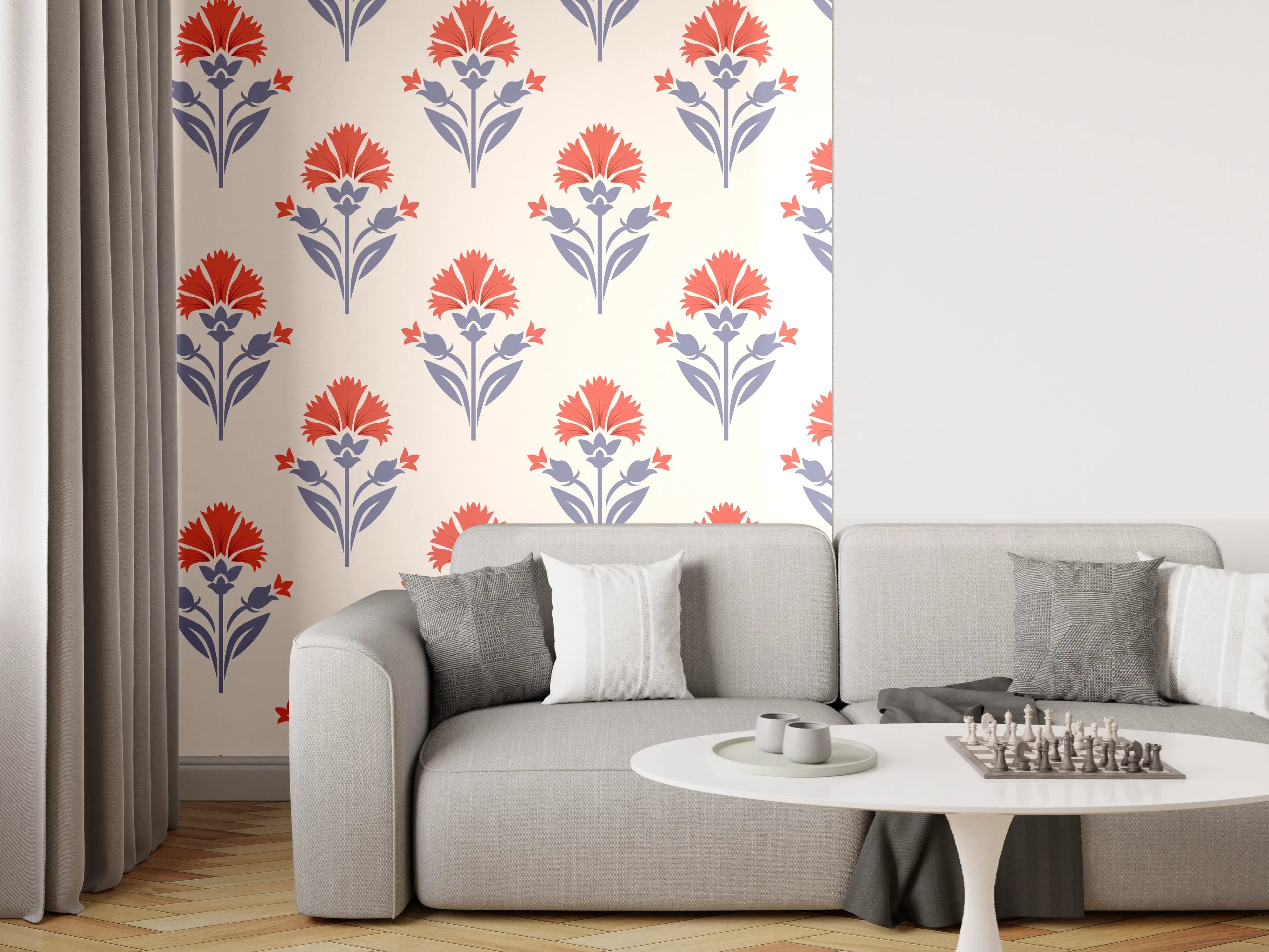 Wandverkleidung Wohnzimmer - Vintage Blumen Tapete Beige-Rot