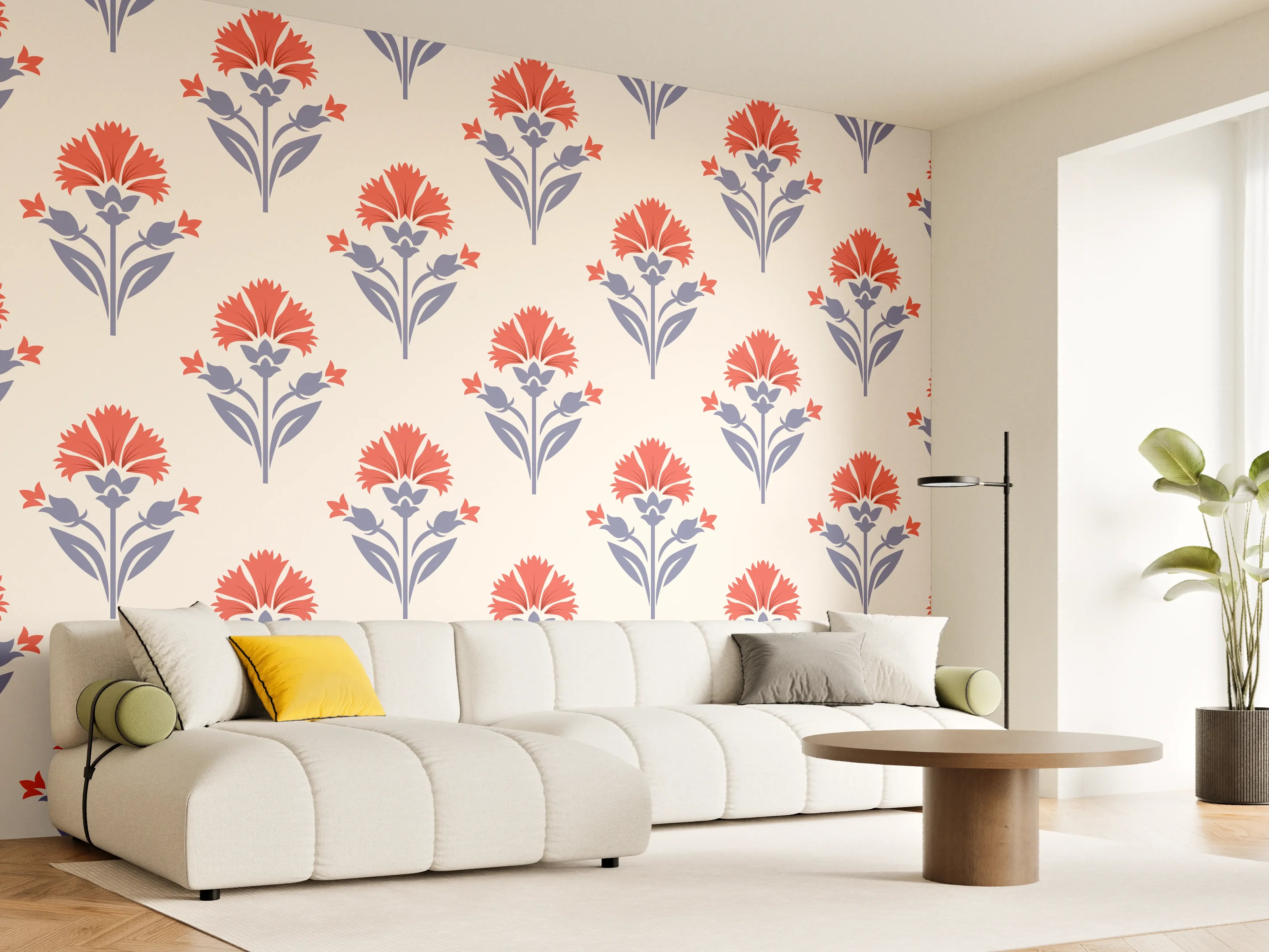 Wandverkleidung Wohnzimmer - Vintage Blumen Tapete Beige-Rot