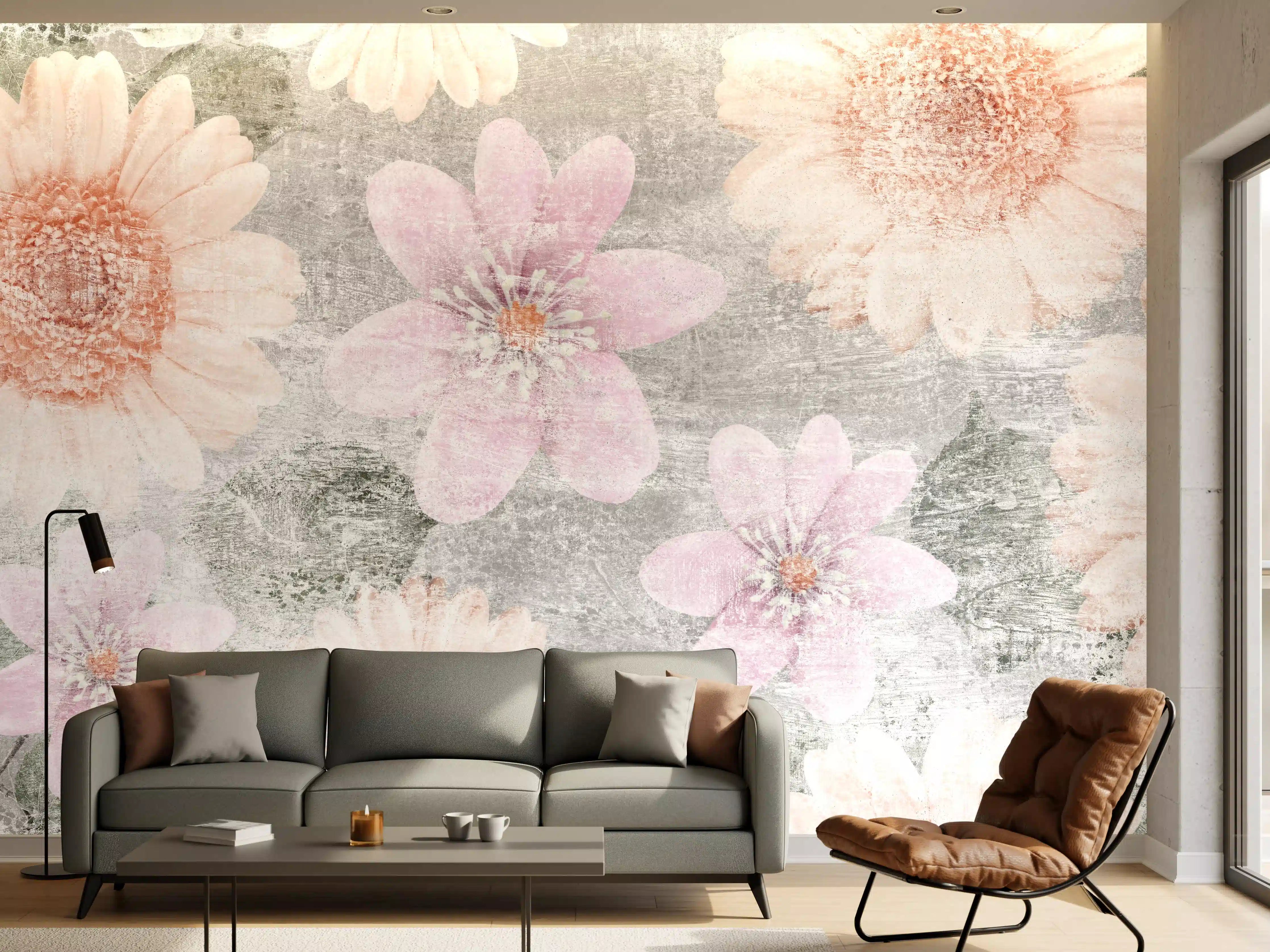 Wandverkleidung Wohnzimmer - Vintage Blumenkunst  - Zeichnung