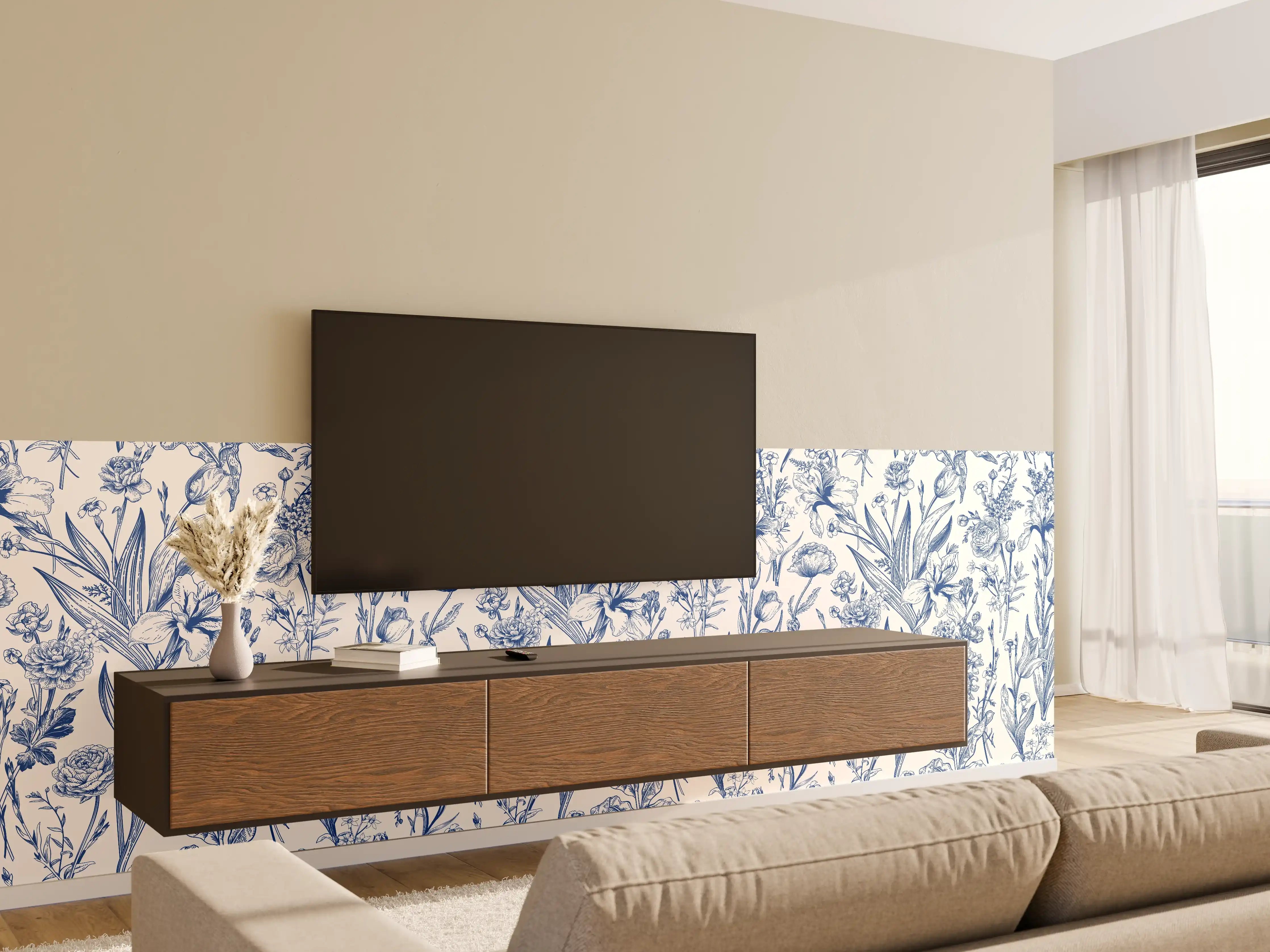 Wandverkleidung Wohnzimmer - Vintage-Blumenmuster Azurblau