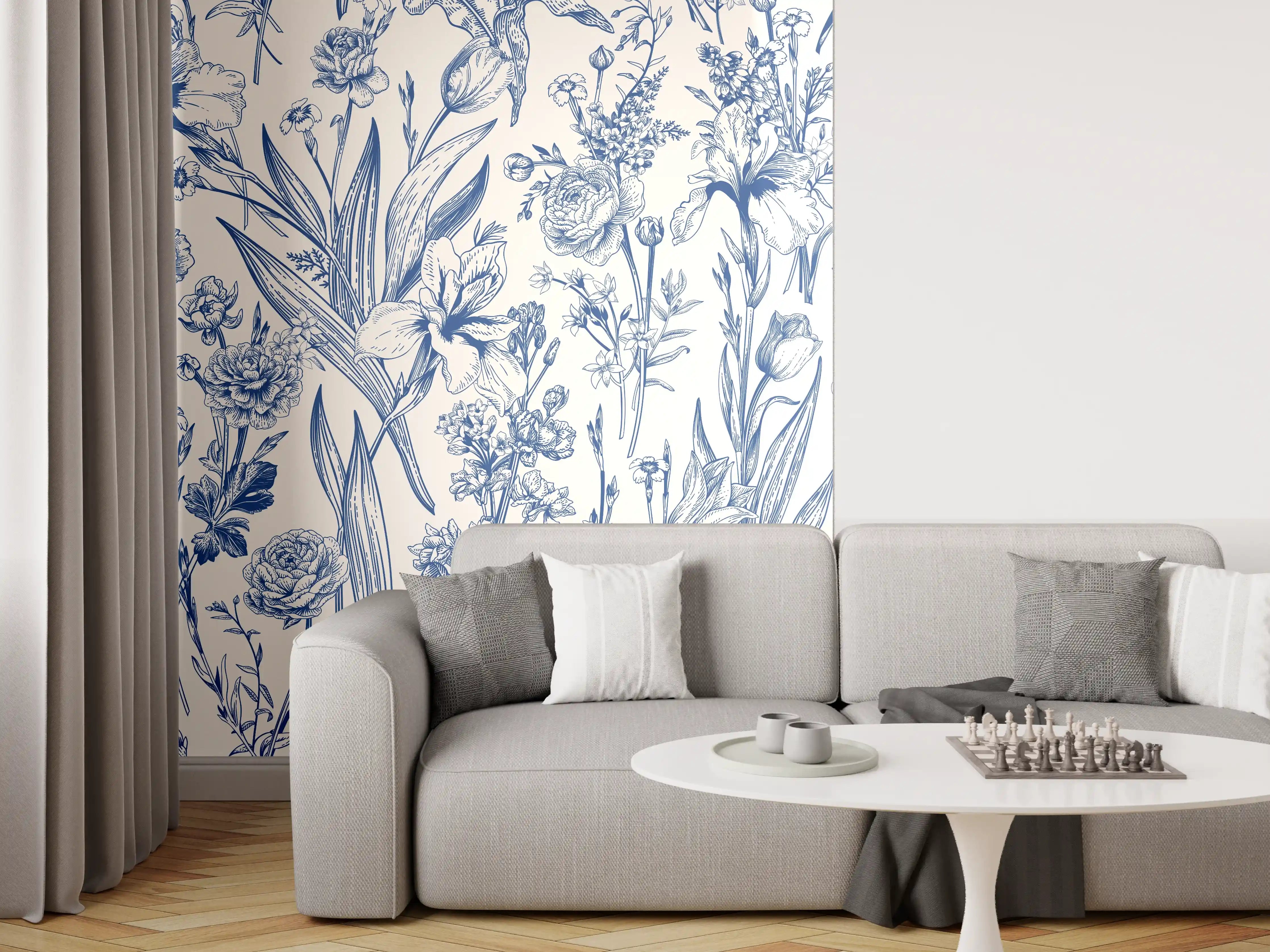 Wandverkleidung Wohnzimmer - Vintage-Blumenmuster Azurblau