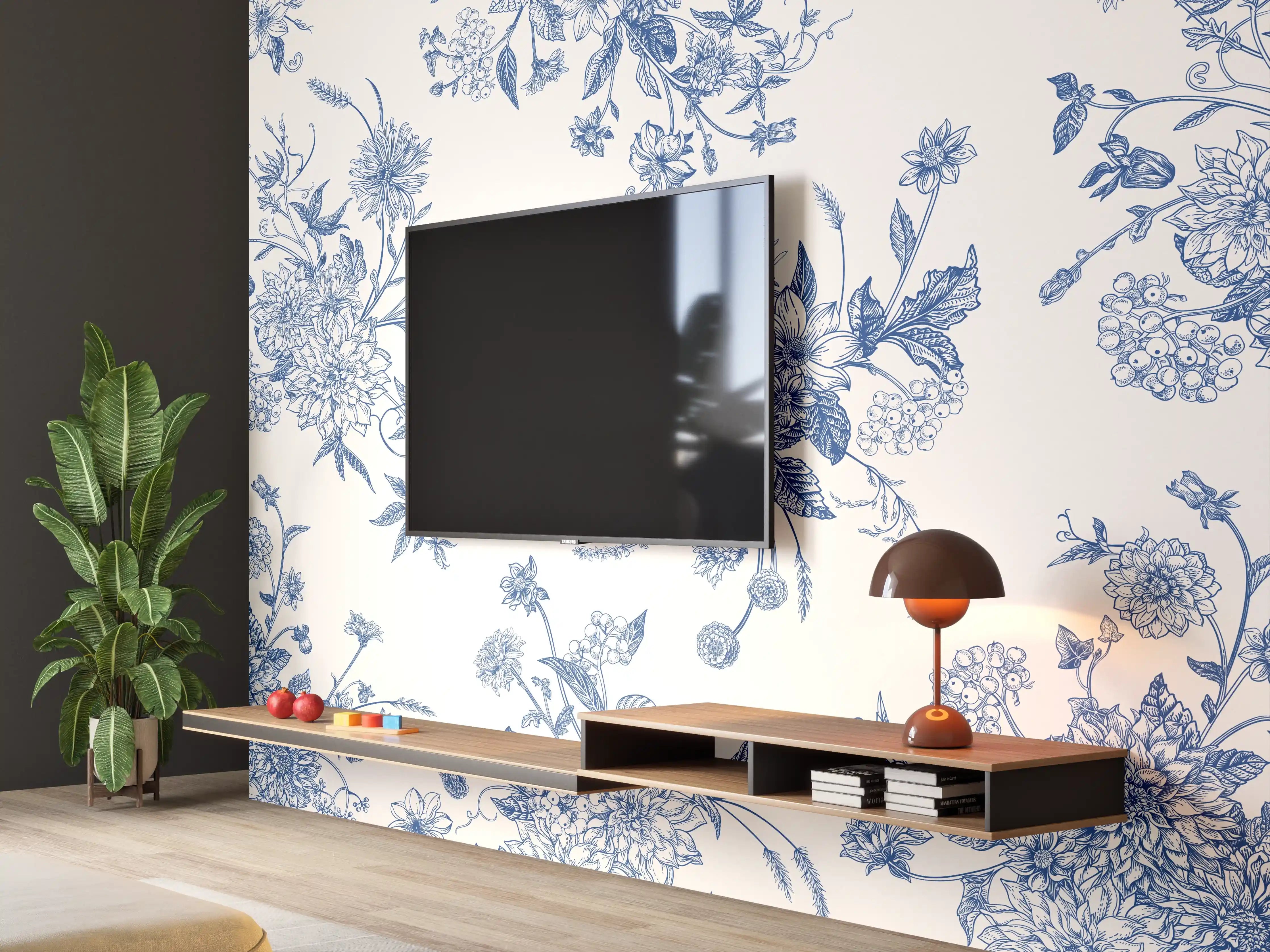 Wandverkleidung Wohnzimmer - Vintage-Blumenmuster Blau-Weiß