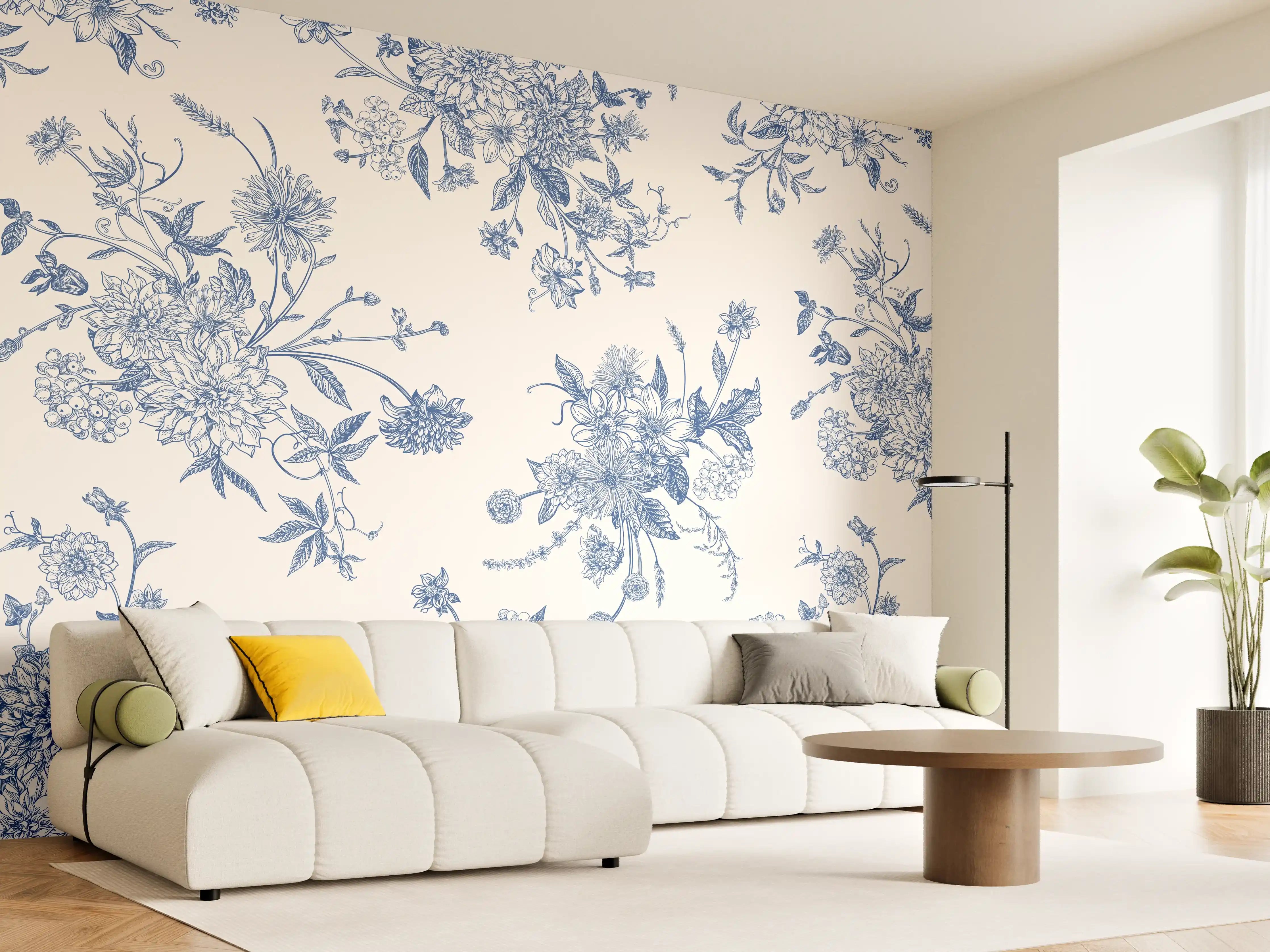 Wandverkleidung Wohnzimmer - Vintage-Blumenmuster Blau-Weiß