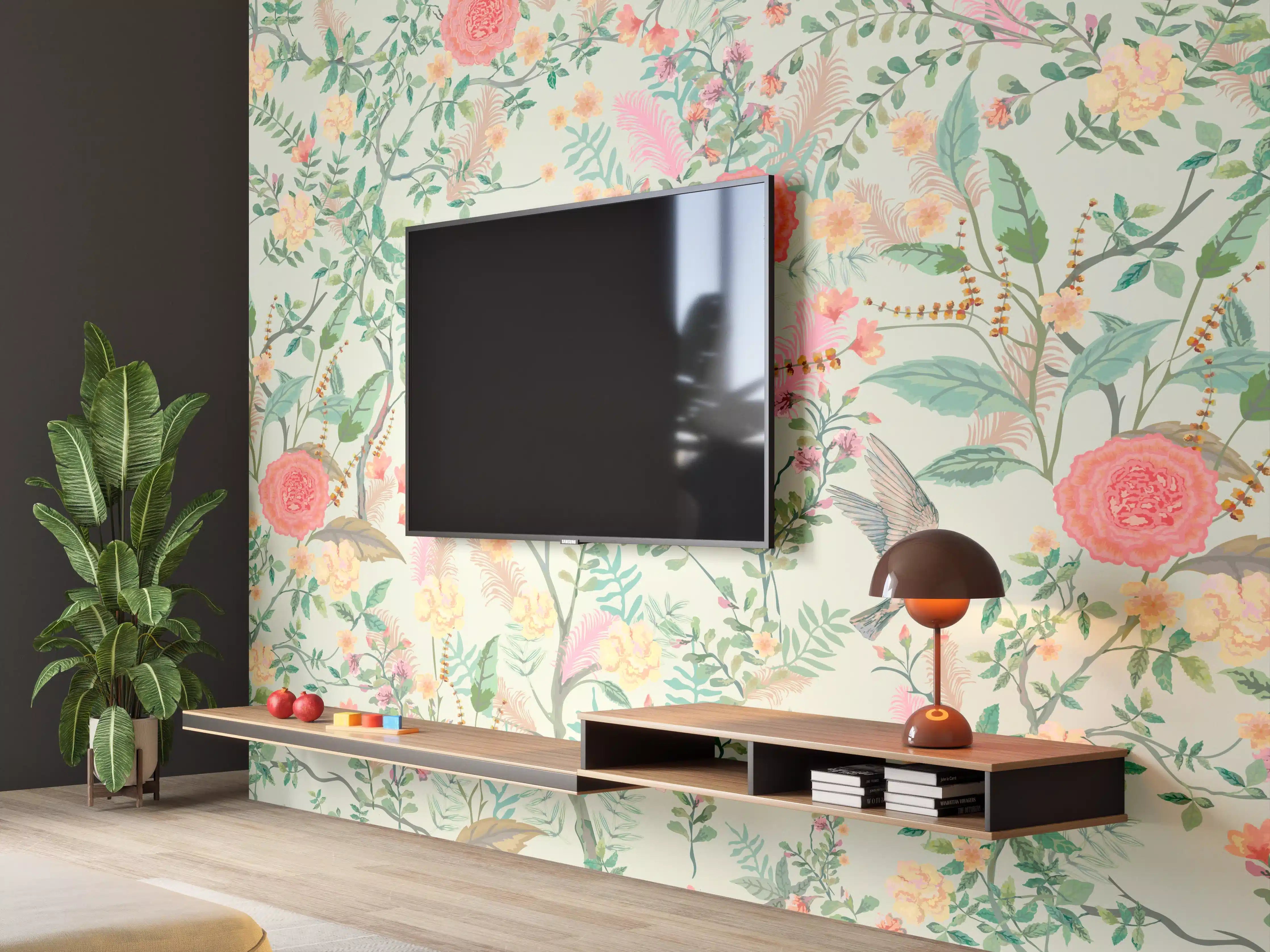 Wandverkleidung Wohnzimmer - Vintage-Blumenmuster Grün-Rosa