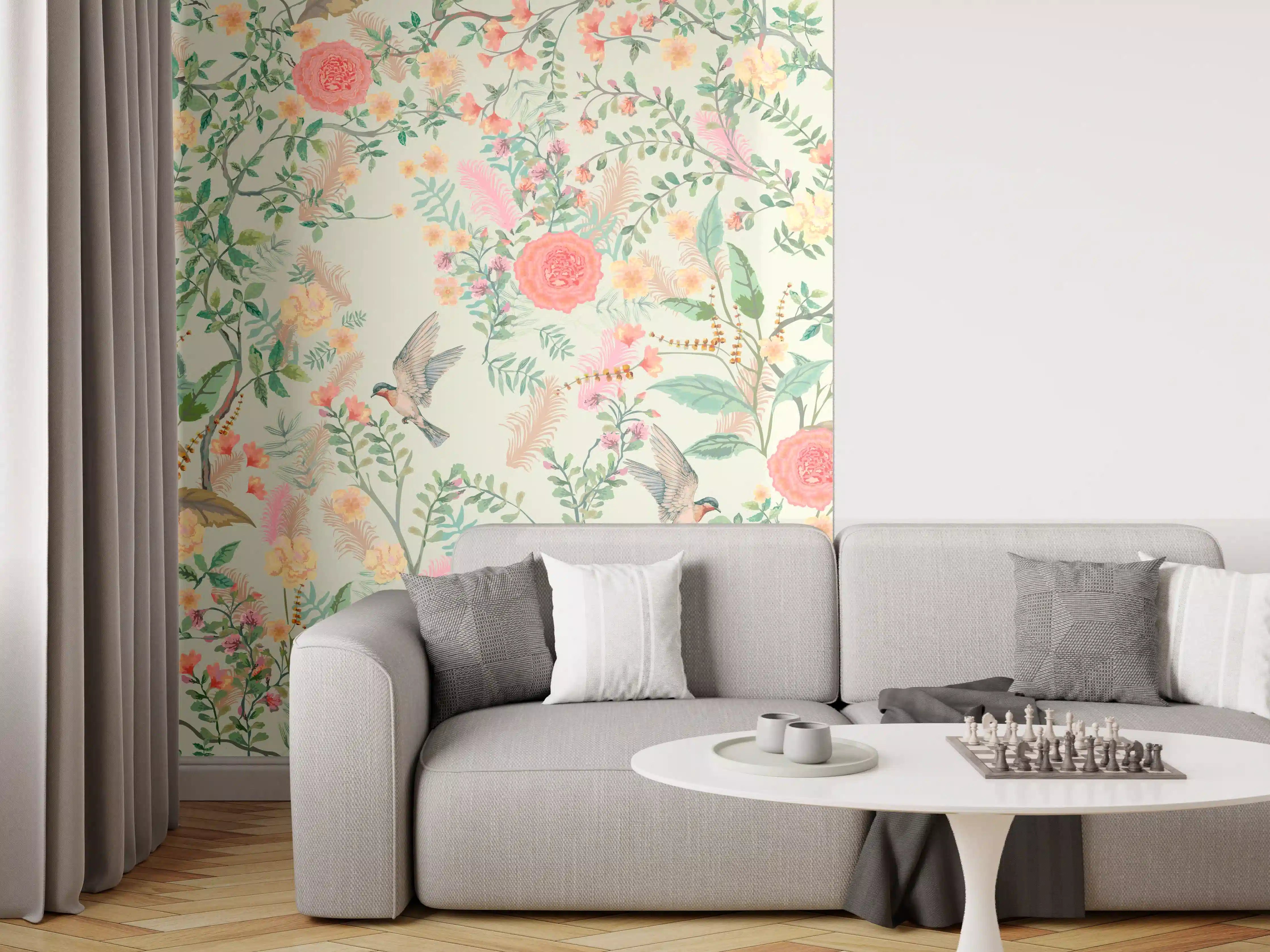Wandverkleidung Wohnzimmer - Vintage-Blumenmuster Grün-Rosa