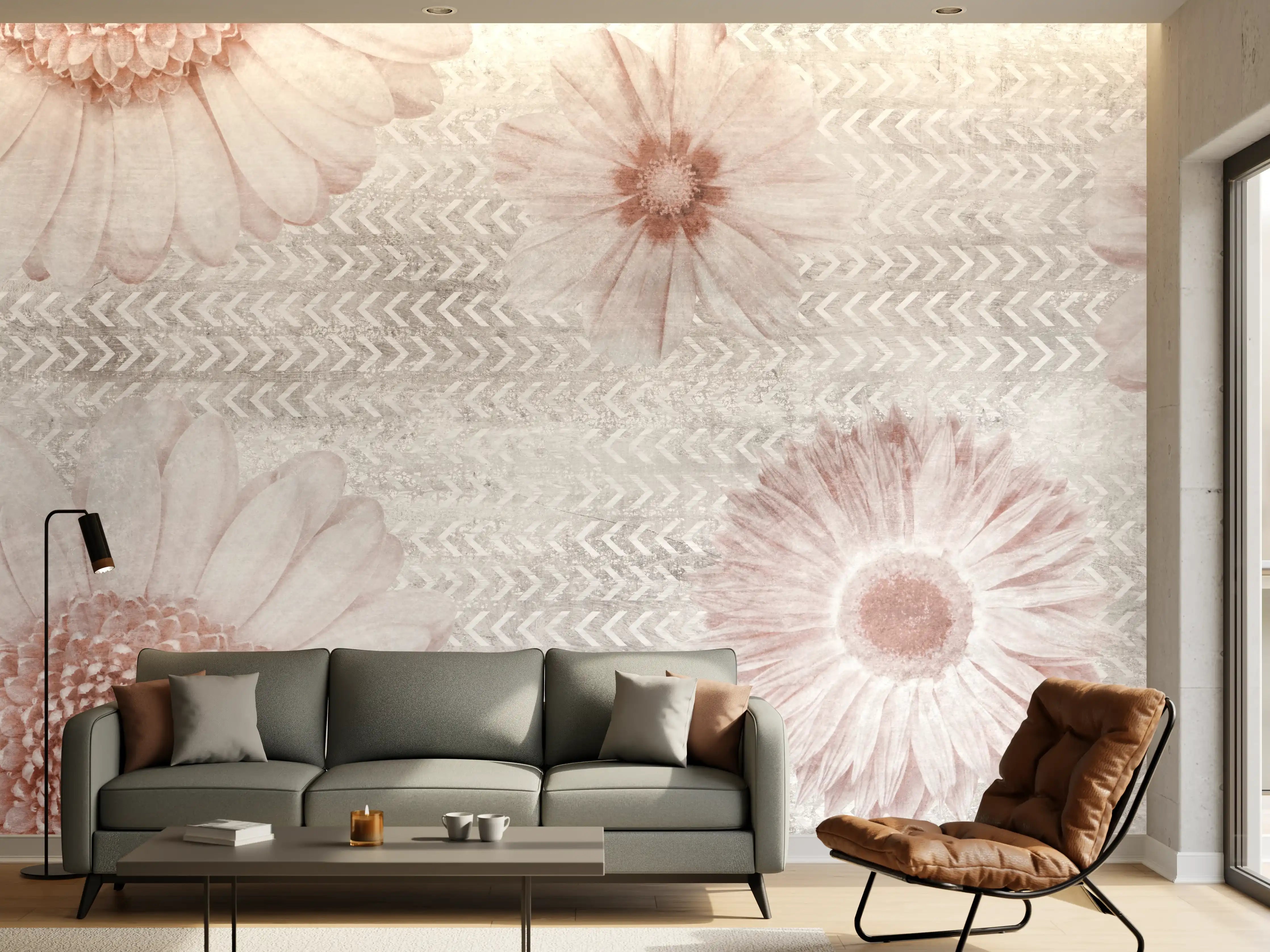 Wandverkleidung Wohnzimmer - Vintage Blumenmuster auf Weiß