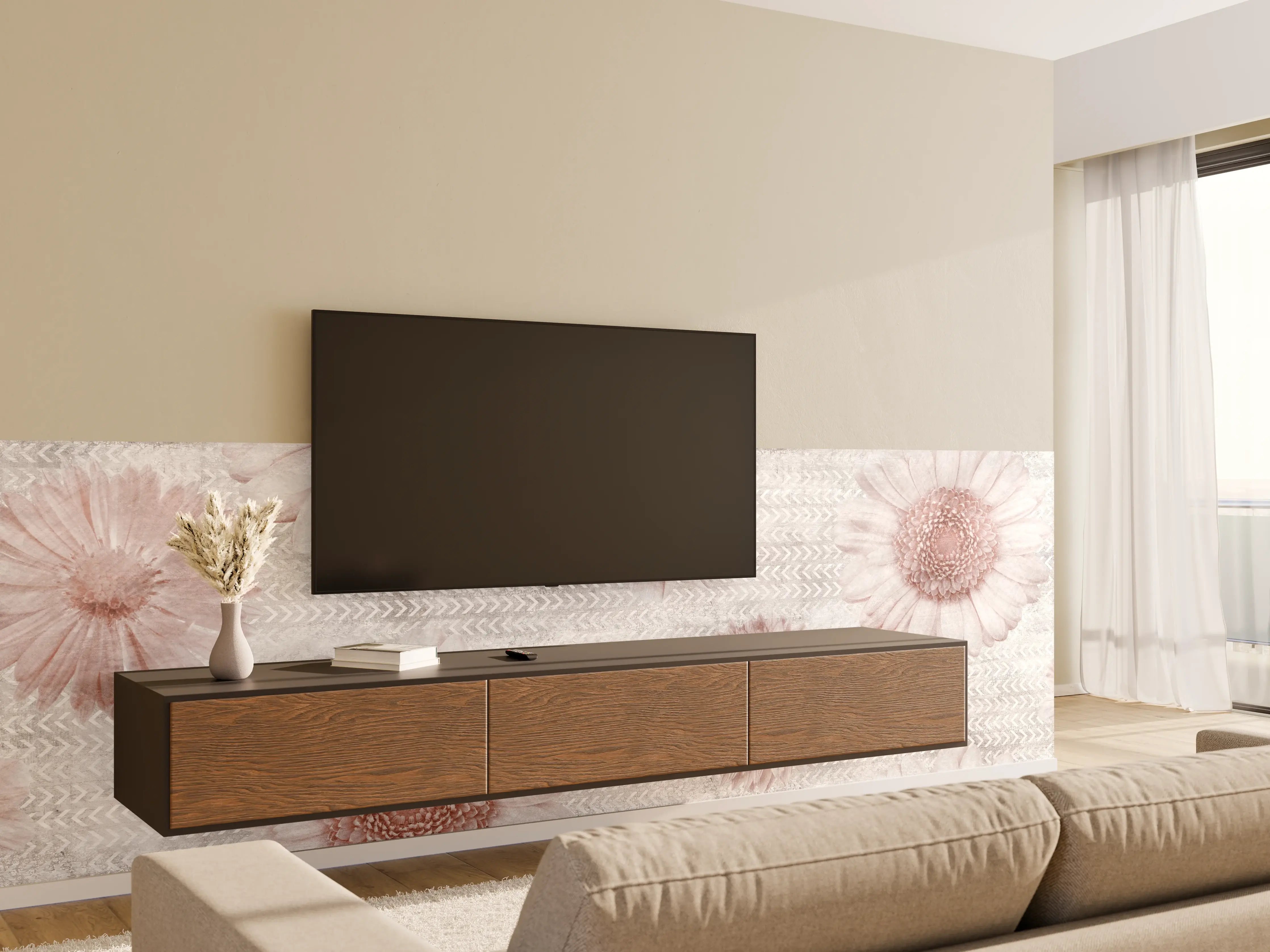 Wandverkleidung Wohnzimmer - Vintage Blumenmuster auf Weiß